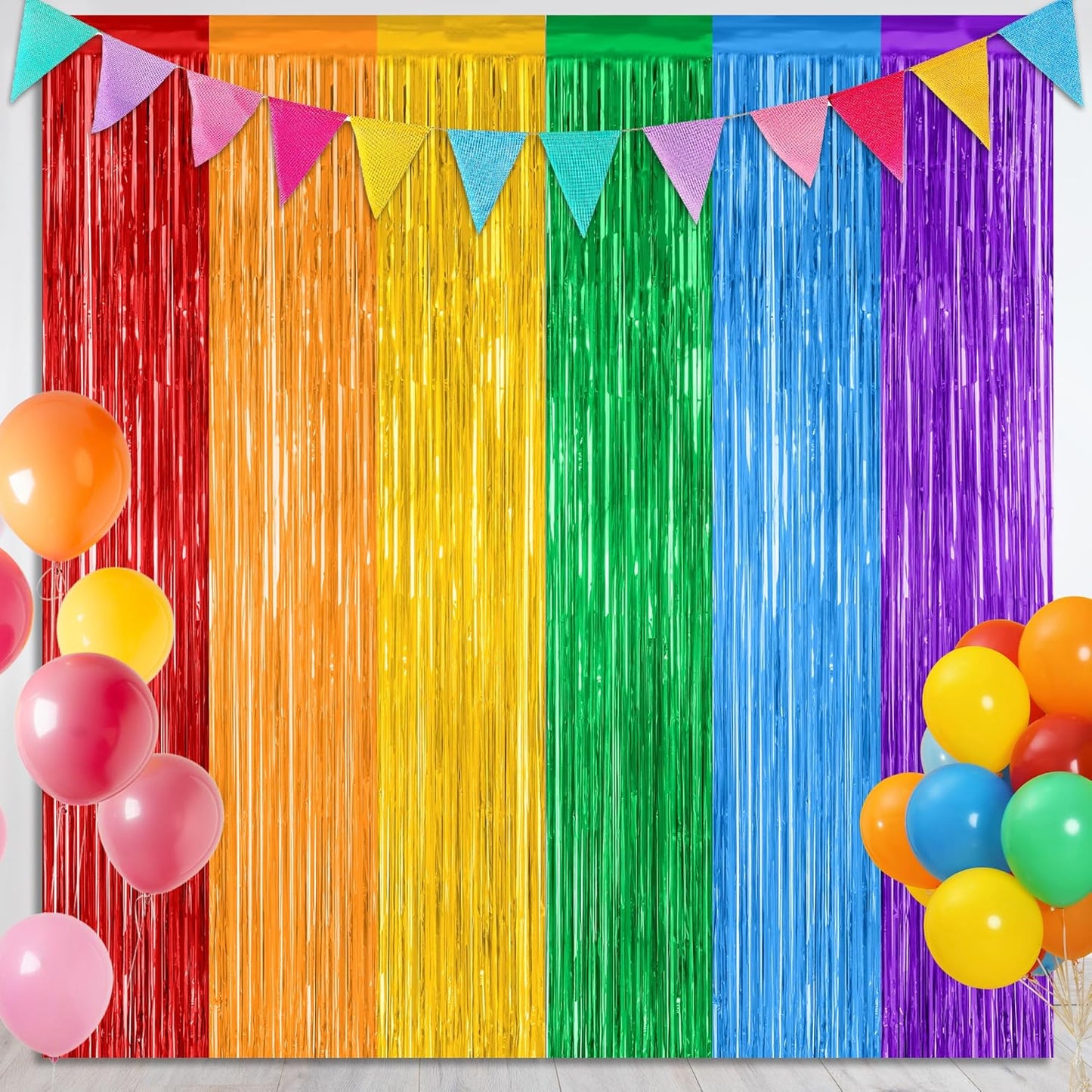 2 Pack Rainbow Backdrop Curtains, 3.28 FT x 7.05 FT Colofull Party Decorations, Metallic Tinsel