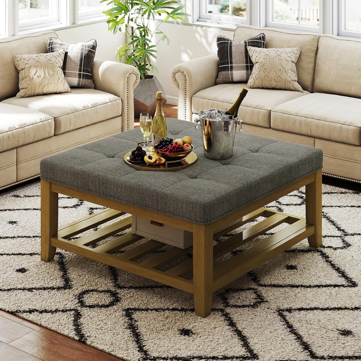 Large Square Ottoman Coffee Table, Linen Solid Upholstered Footrest Ottoman with Solid Wood Shelf