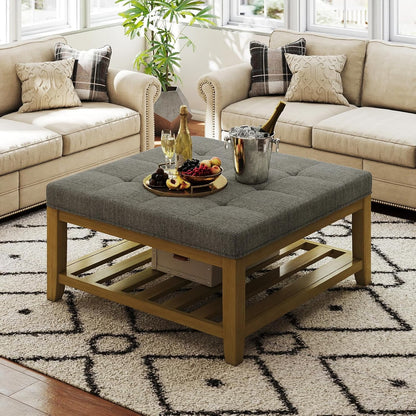 Large Square Ottoman Coffee Table, Linen Solid Upholstered Footrest Ottoman with Solid Wood Shelf