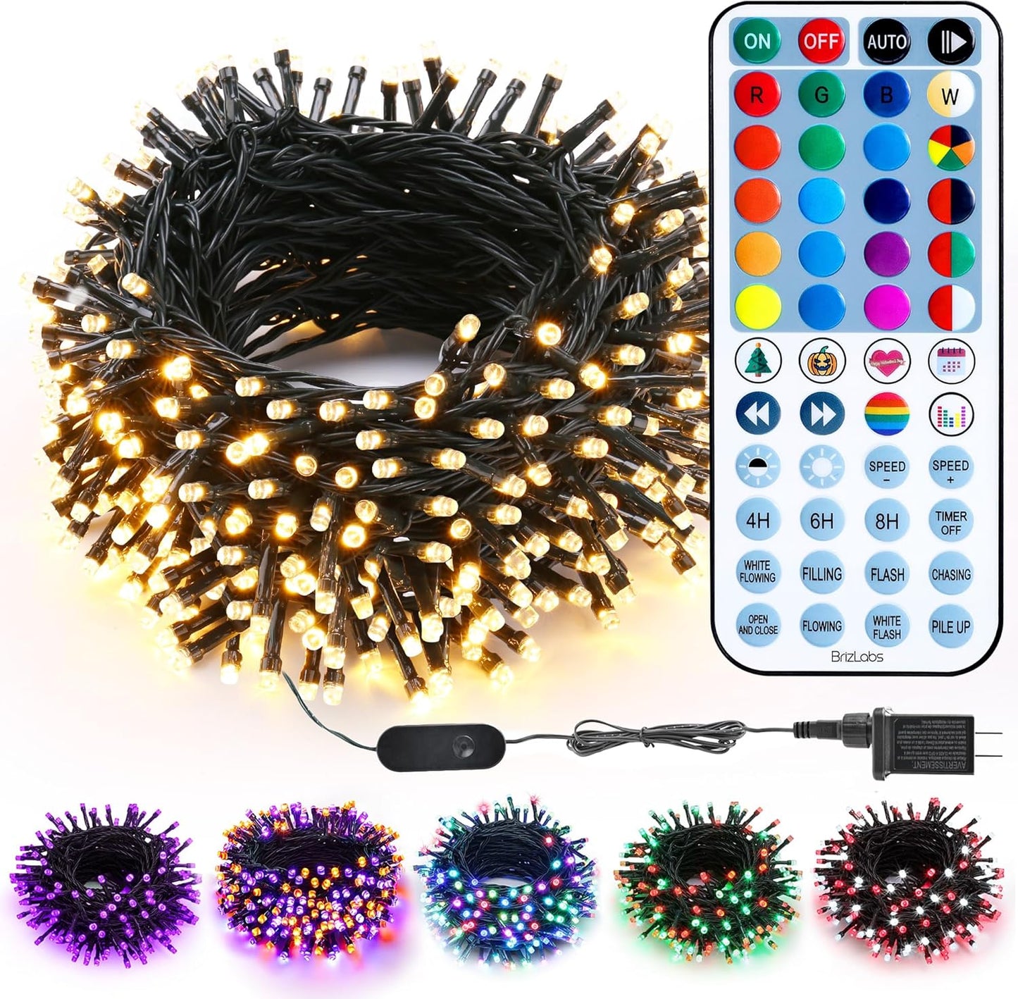 BrizLabs RGBW Christmas Lights, 98.5FT 300 LED Color Changing Halloween String Lights with Remote