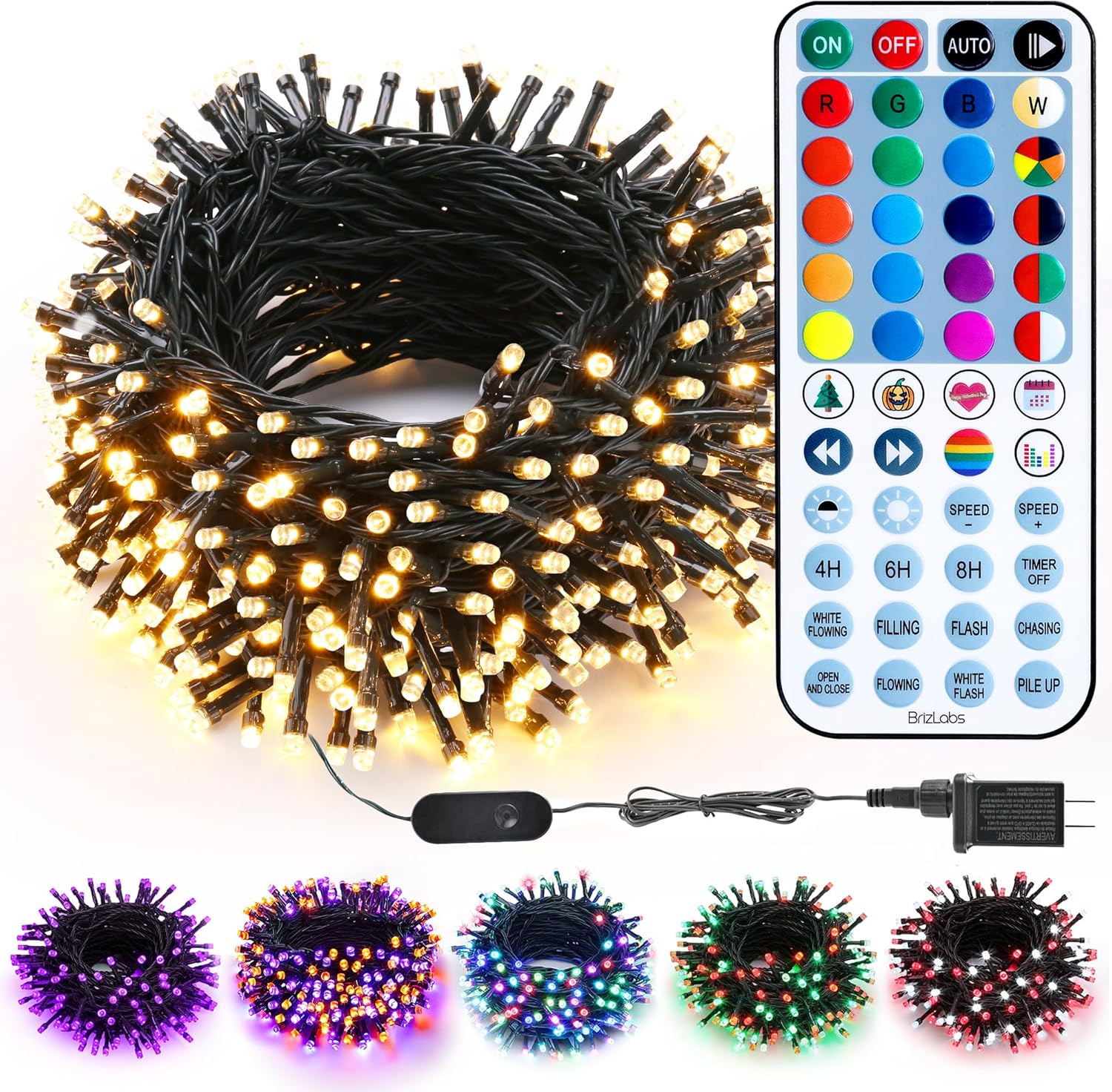 BrizLabs RGBW Christmas Lights, 98.5FT 300 LED Color Changing Halloween String Lights with Remote