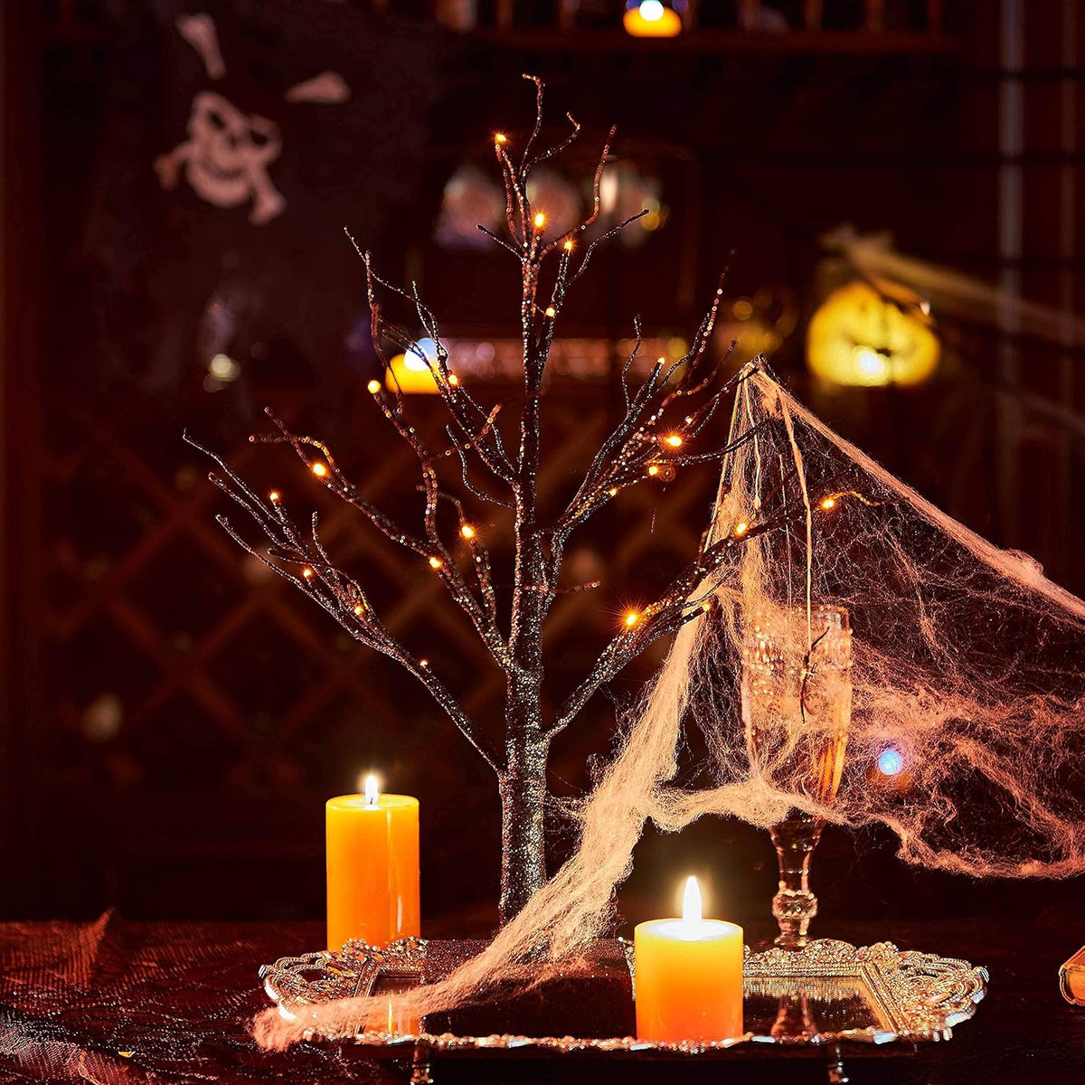 Hairui Lighted Tabletop Black Glittered Spooky Tree with Orange Lights 24 LED 18 Inches for