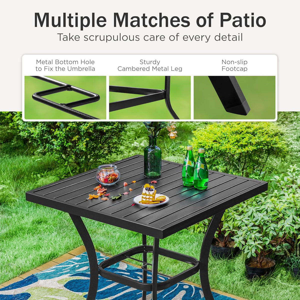 PHI VILLA Outdoor Patio 31" Square Height Bar Table with Umbrella Hole, 36" Height Coating Old
