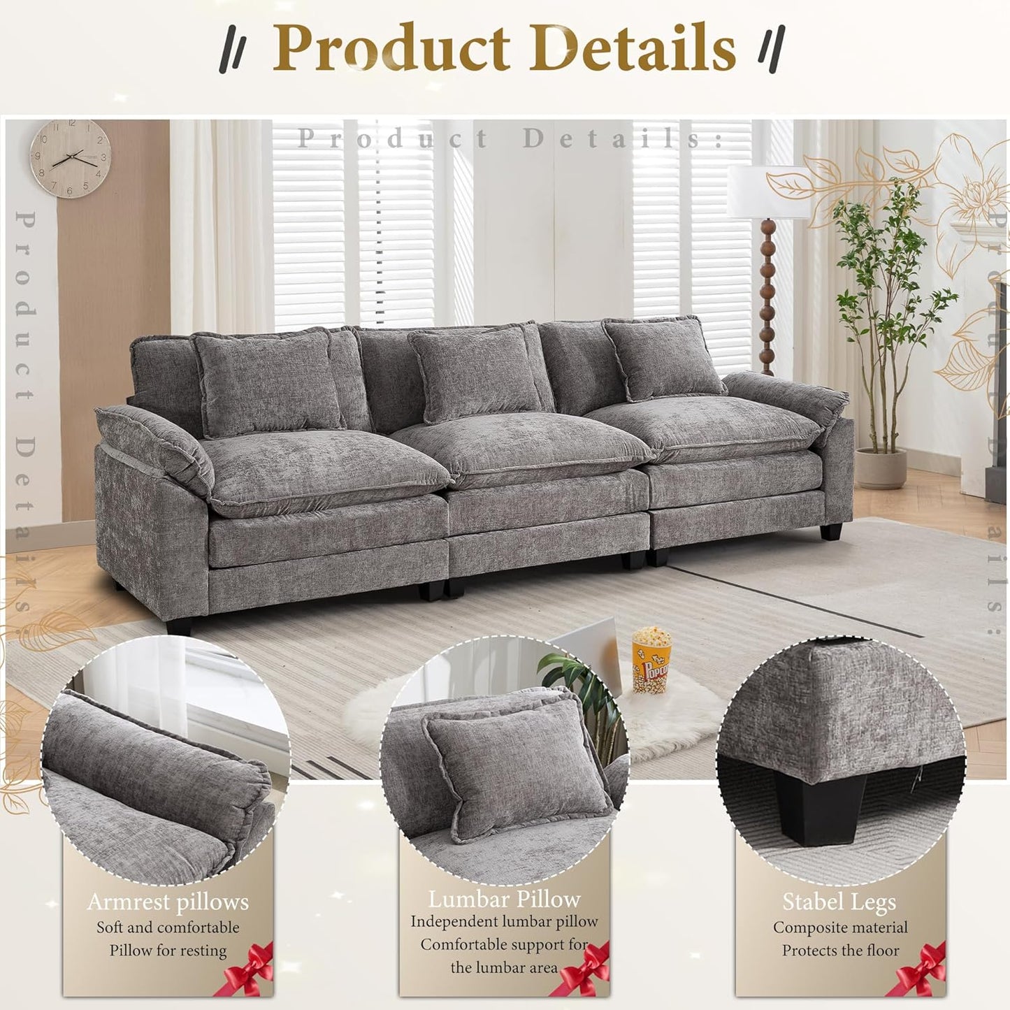 URRED Modular Sectional Sofa Comfy Cloud Couch, Modern Chenille Sofa Sleeper Deep Seat Couches with