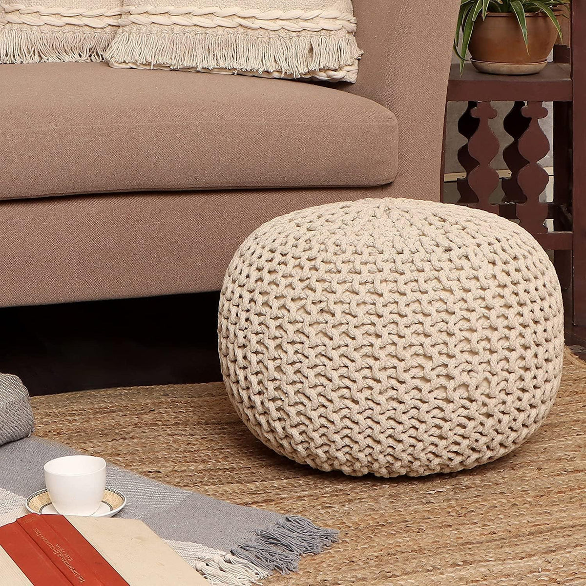 REDEARTH Round Pouf Ottoman - Cable Knitted Boho Poof - Home Décor Cord Pouffe Handmade Circular