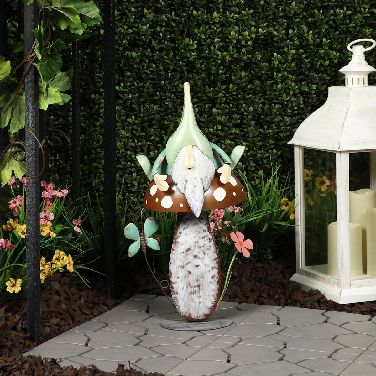 Alpine Corporation - Metal Gnome with Mushroom – 20" Tall Durable Iron Garden Statue, Whimsical