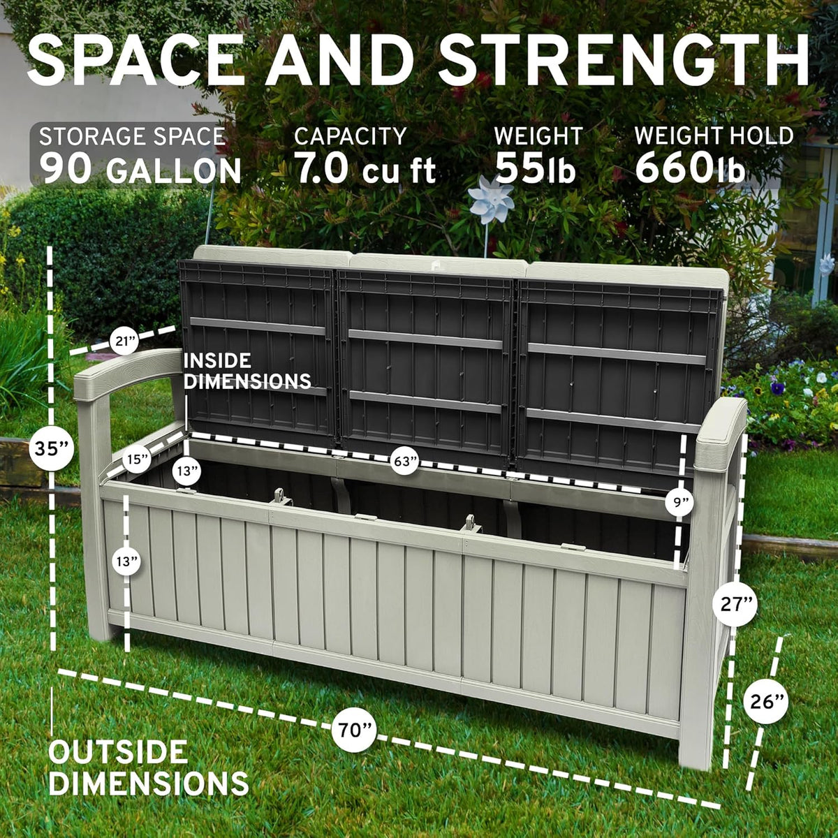 EconoHome 3 Seat Outdoor Storage Bench with Rain Cover - 90 Gallon Capacity - Weatherproof Resin