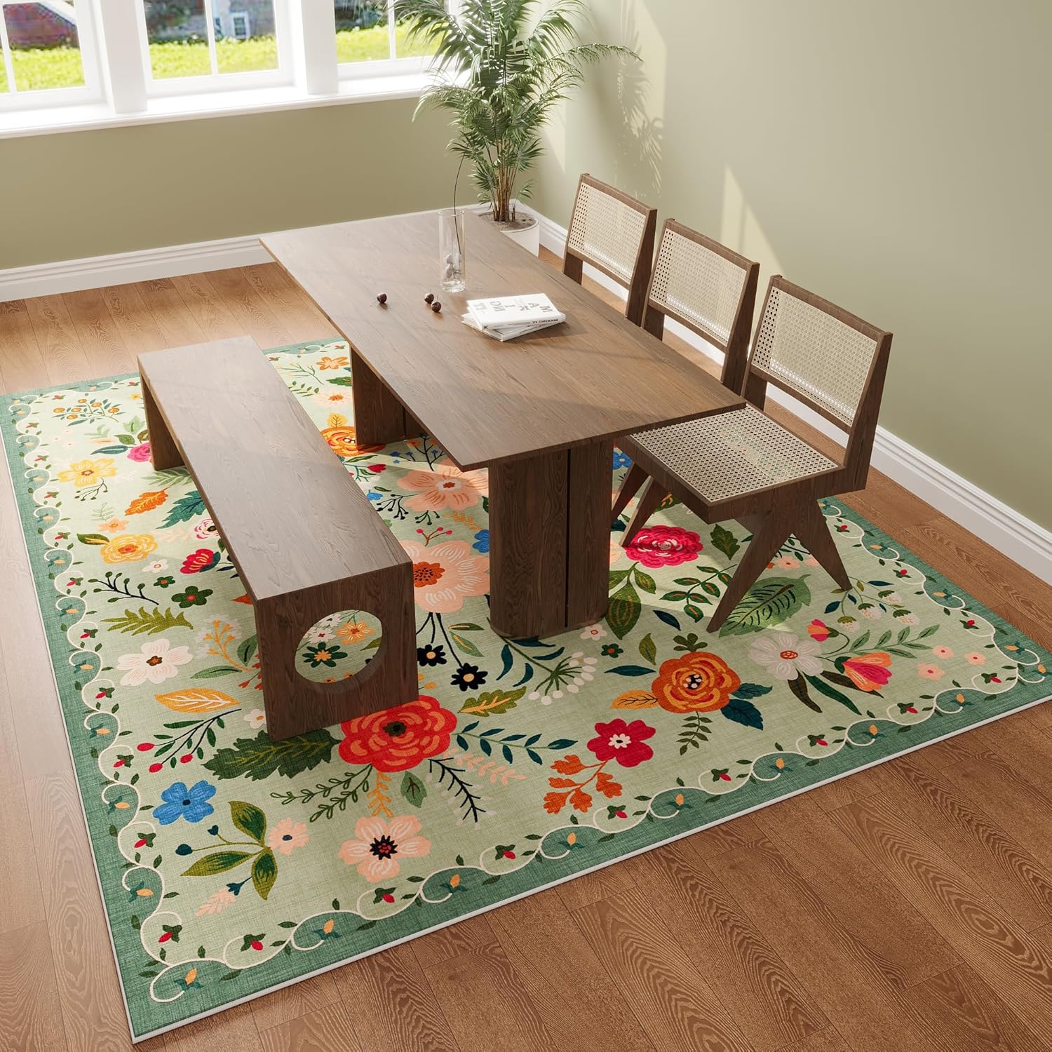 Living Room Rug 5x7 Rug Machine Washable Boho Area Rug Non Slip Floral Vintage Low Pile Large Rugs