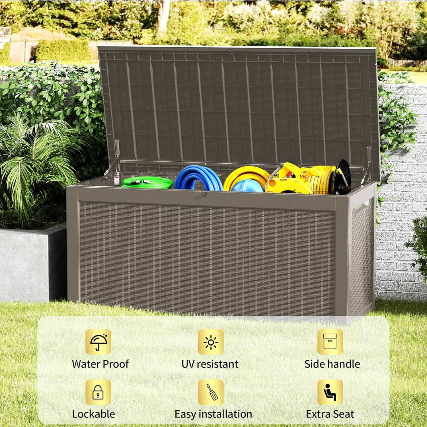 320 Gallon Lockable Resin Deck Box, Waterproof & UV-Resistant Outdoor Storage Box for Outdoor