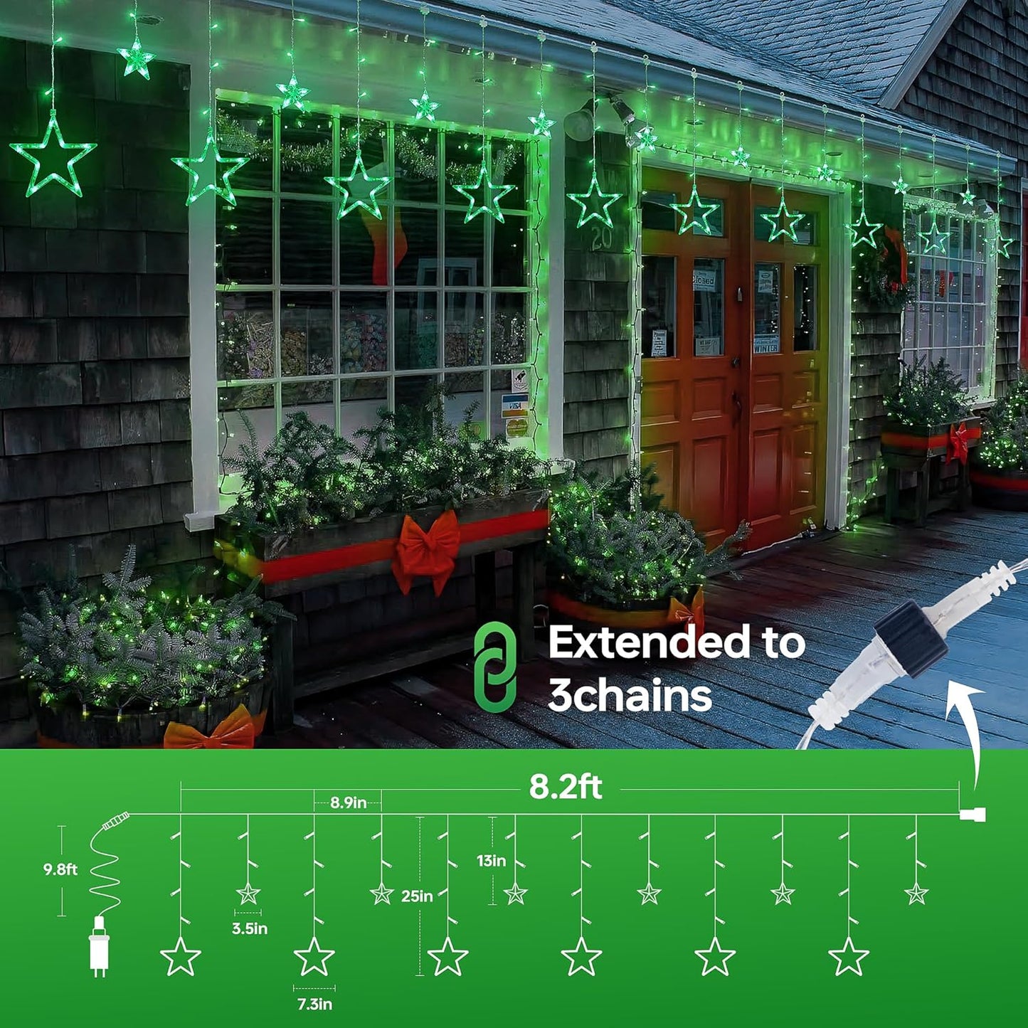 Green Star Icicle Lights,126LED 8.2FT Christmas String Lights with 8 Modes Waterproof,Clear Wire