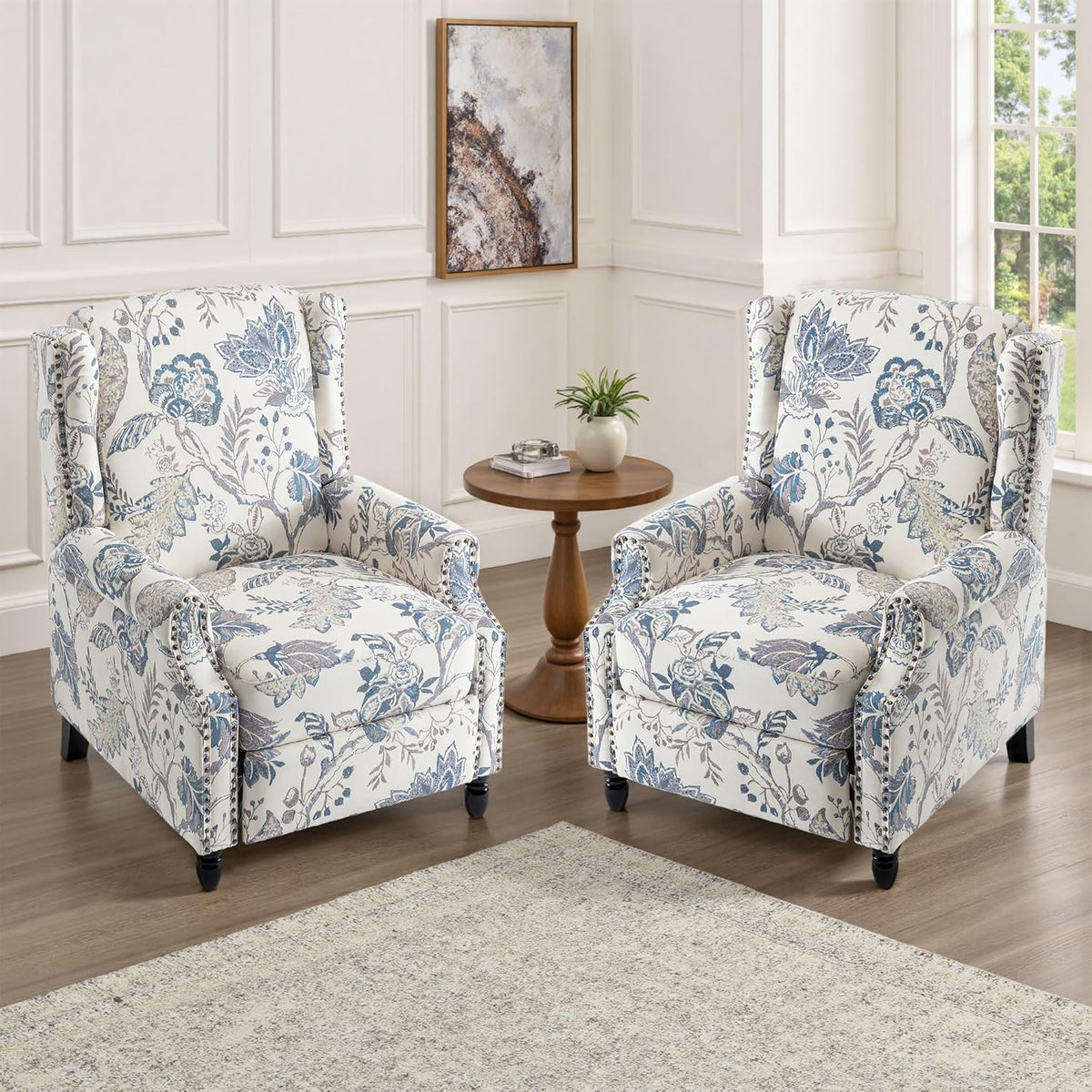 UIXE Floral Pushback Recliner Chairs Set of 2, Fabric Upholstered Armchair Push Back Accent Chair