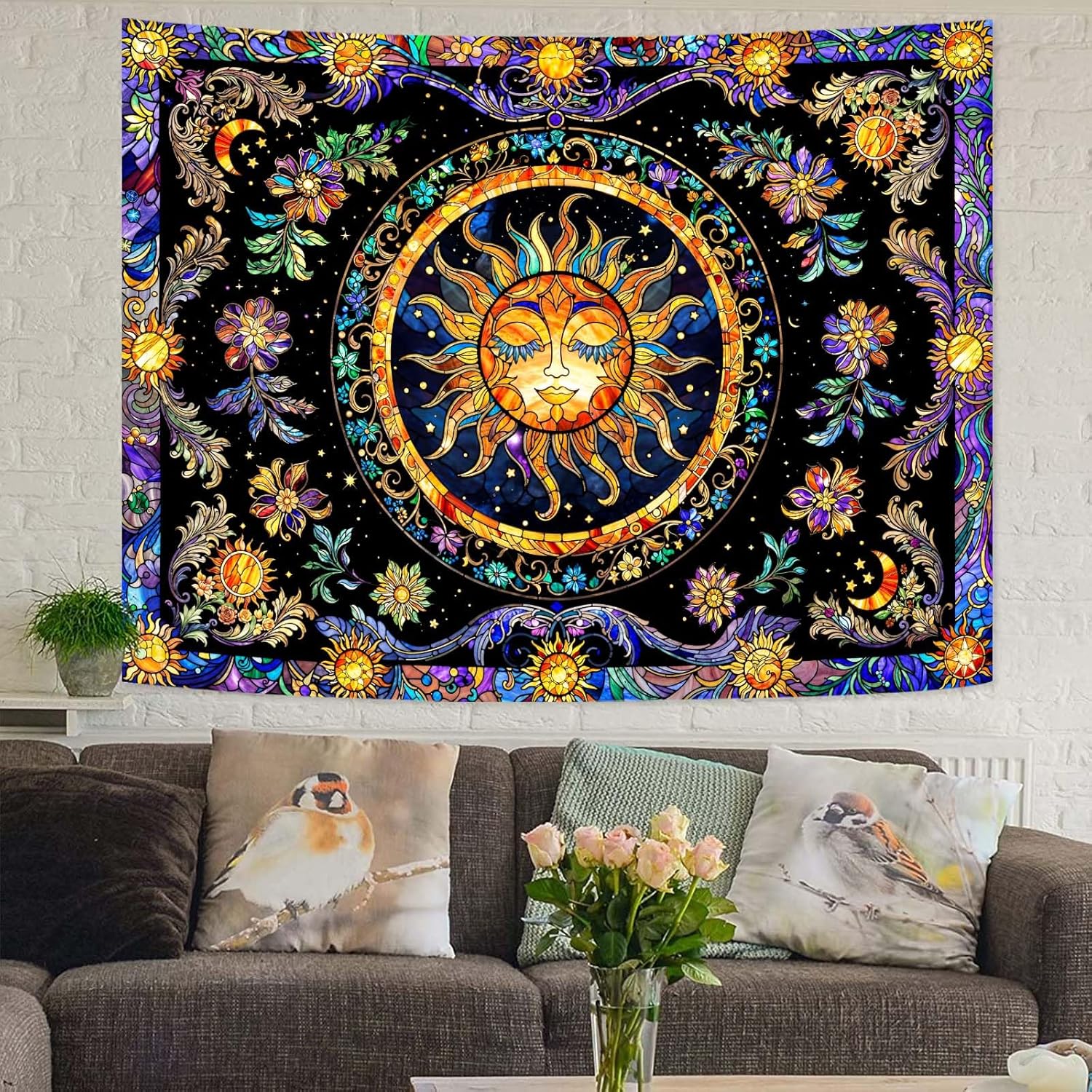 Lunerfex Sun Tapestry Stained Glass Tapestry Wall Decor Tapestries for Bedroom Boho Tapestries Wall
