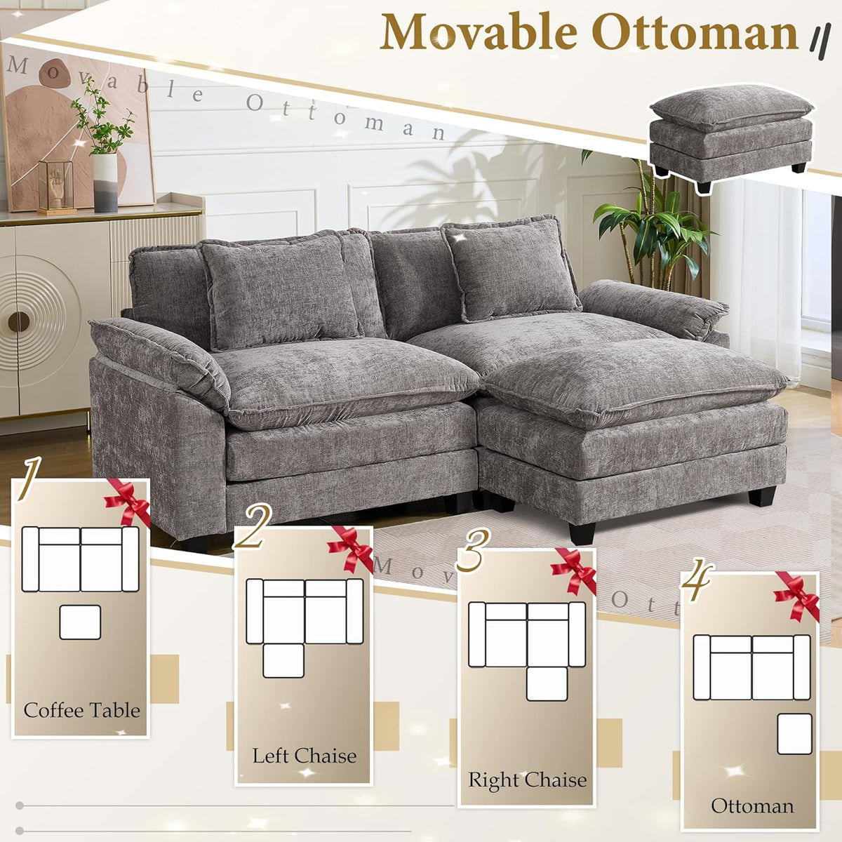 URRED Modular Sectional Sofa Comfy Cloud Couch, Modern Chenille Sofa Sleeper Deep Seat Couches with