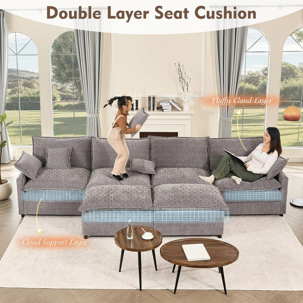 142.5" U Shaped Couch, Modular Sectional Sofa, 3-Seater Comfy Cloud Couch with Movable Ottoman