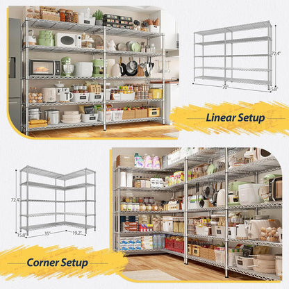 REIBII 70" W Wire Shelving Load 1500LBS, Metal Shelving 5-Tier Storage Shelves Metal Shelves for