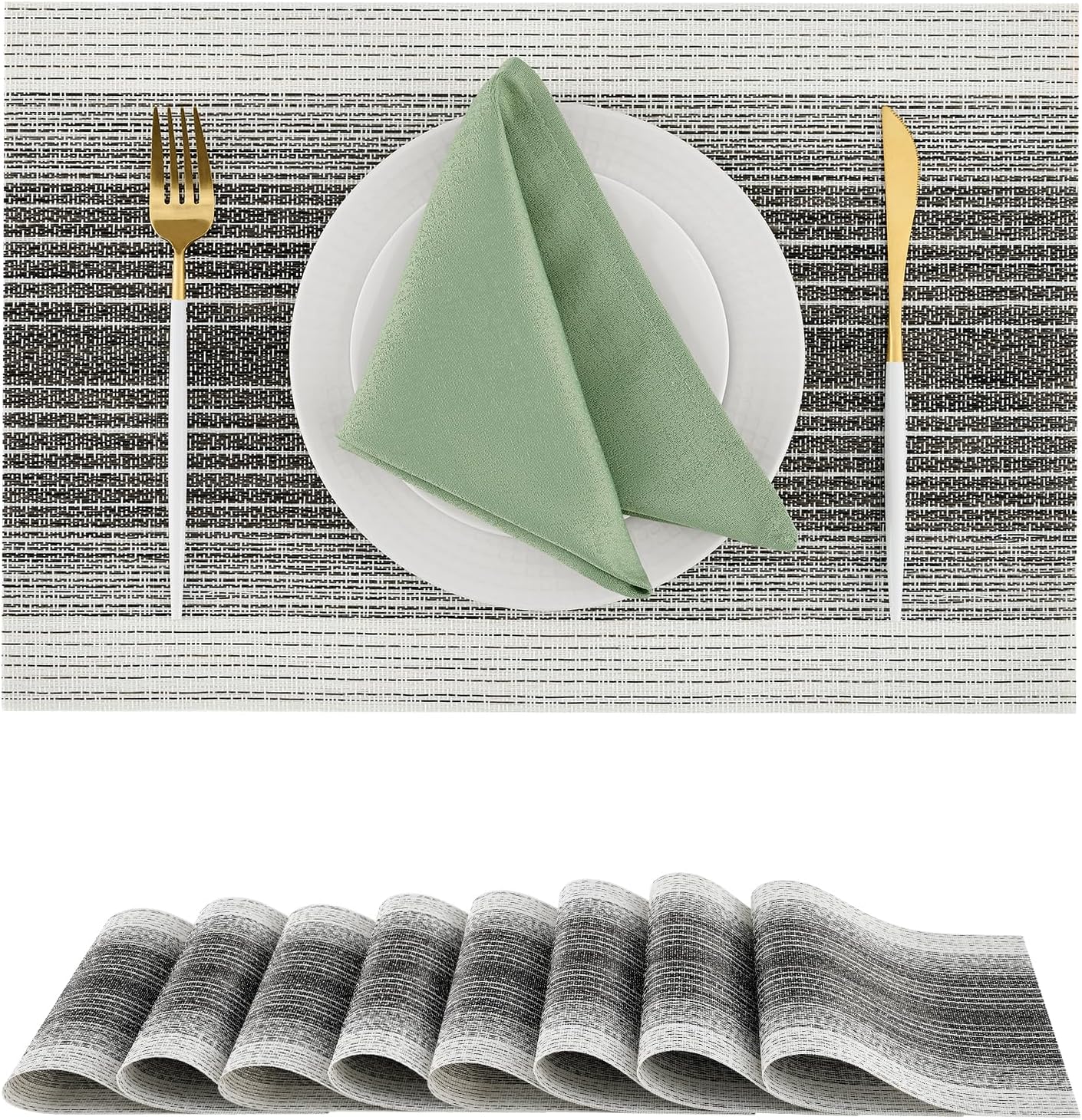 Leetaltree Black with White Woven Placemats Set of 8 - Heat Resistant Non-Slip Place mats for