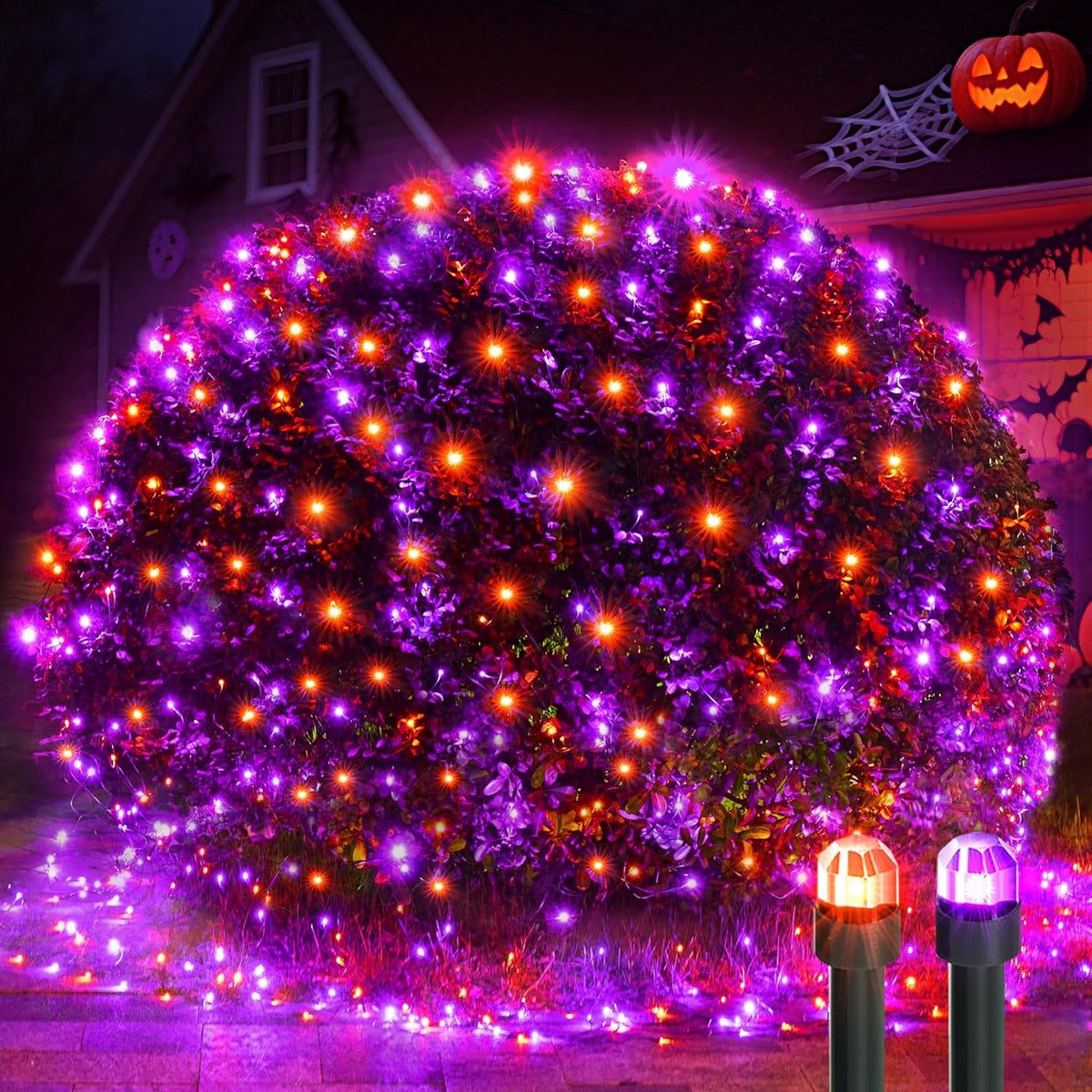 WBao Orange Purple Halloween Lights Outdoor 200LED F8 Big Bulbs, 8.4ft x 5.2ft Halloween Net Lights