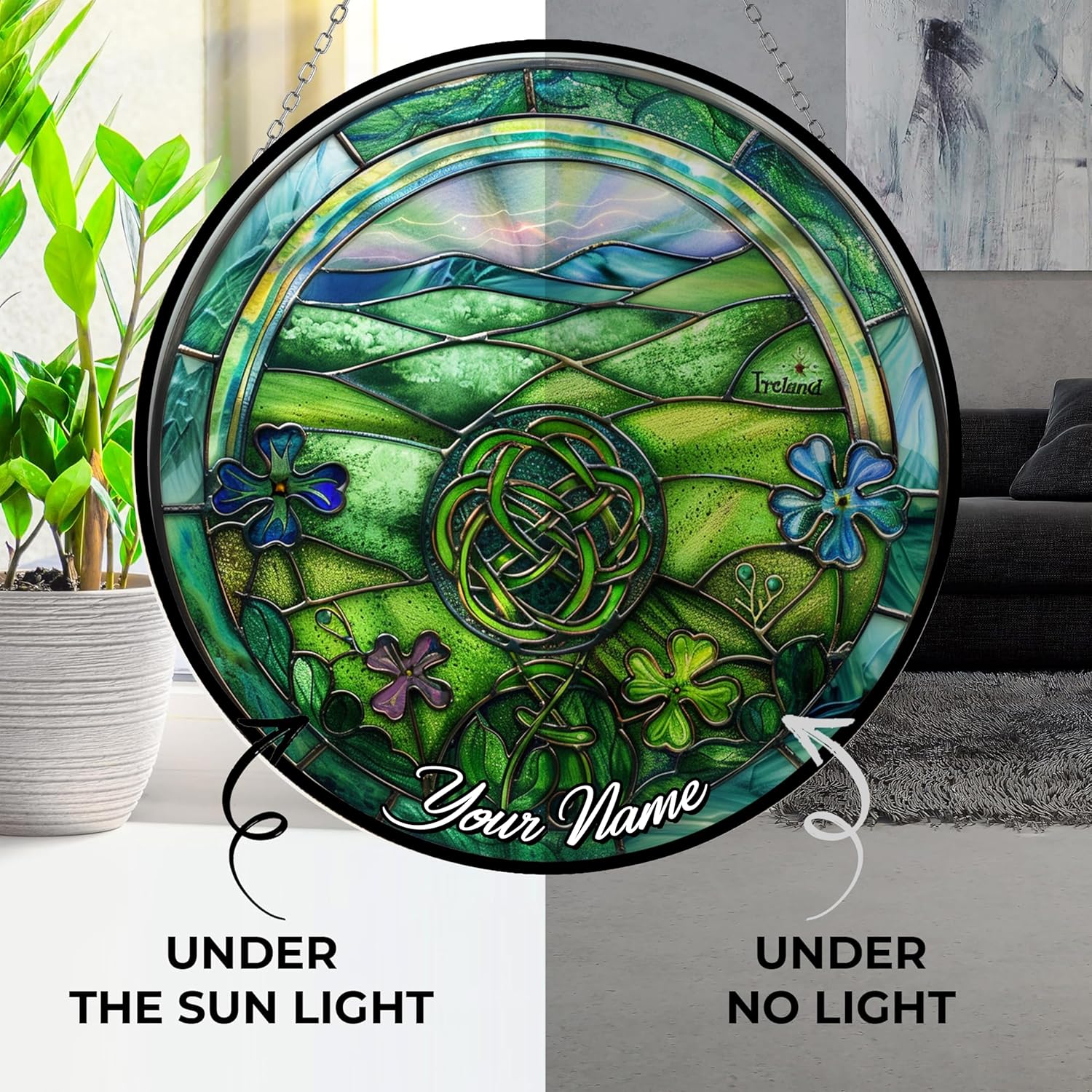 Ireland Stained Glass Sun Catcher, Custom Name Wall Hanging Colored Decor Room Indoor Window Decor