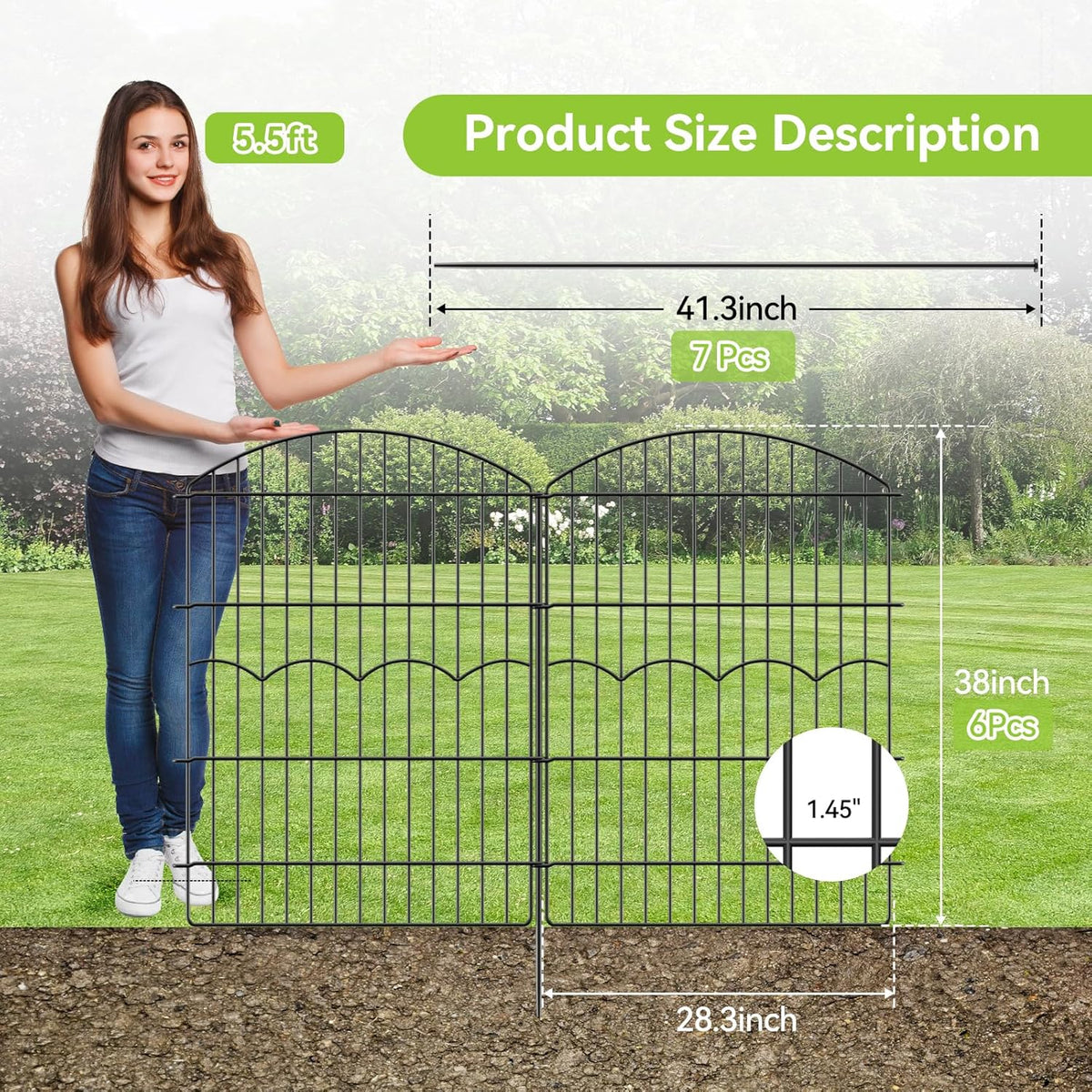 Decorative Garden Fence 6 Panels 14.8 ft (L)×38in (H) Metal Garden Fences, No Dig Animal Barrier