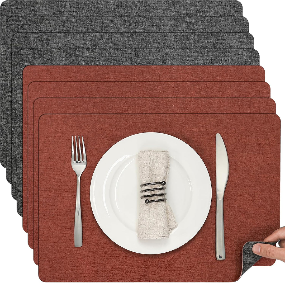 Myir JUN Dual Sided Faux Leather Placemats Set of 8 for Indoor Outdoor Dining Tables, Square