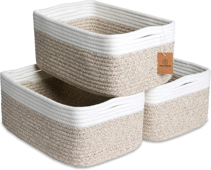 NaturalCozy 13.5”x8.5”x5.5” Storage Baskets for Shelves 3 Pack | Cotton Rope Woven Small Baskets