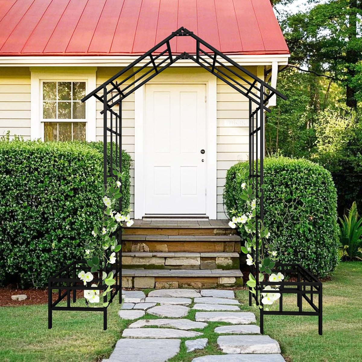 Metal Garden Arch with Plant Box Adjustable Width W68.11'' ~W94.29'' Garden Trellis Climbing Plants