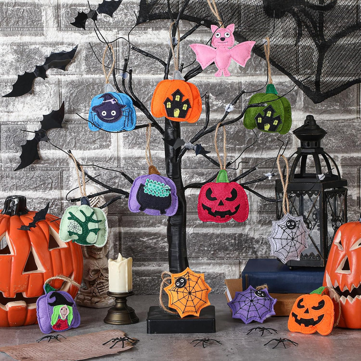 12 Pcs Halloween Felt Ornaments Spooky Pumpkin 3D Hanging Ornaments 3.15 Inch Spider Web Bat Tree