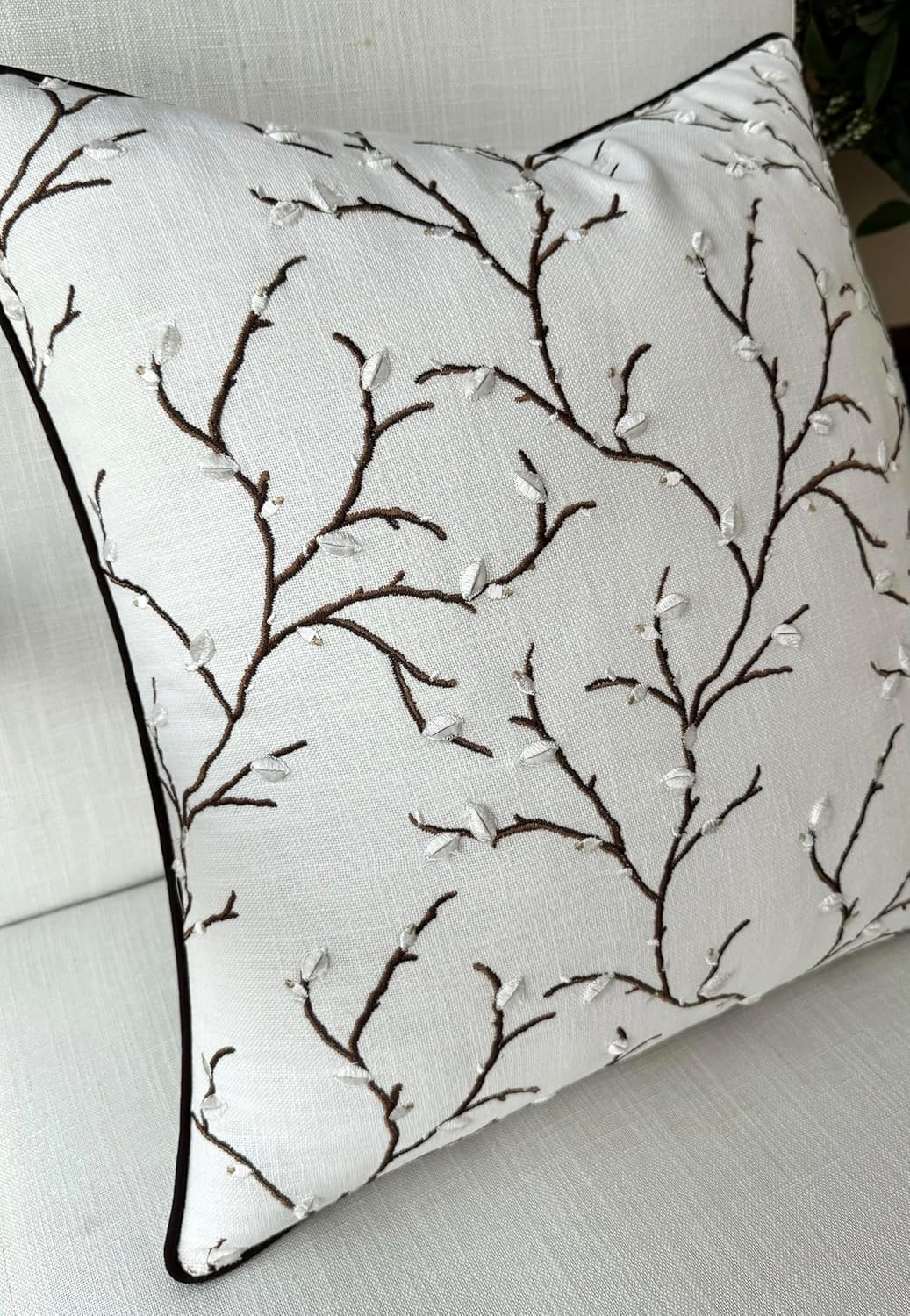 VAGMINE Embroidered Pussy Willow Throw Pillow Cover - 18x18 Inches Square - 100% Cotton Ivory