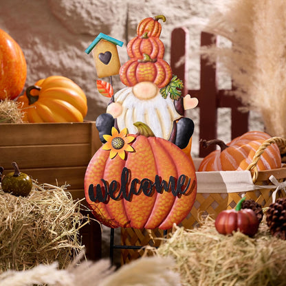 TERESA'S COLLECTIONS Fall Gnome Pumpkin Decorations for Outdoor Home, Metal Fall Decor Welcome