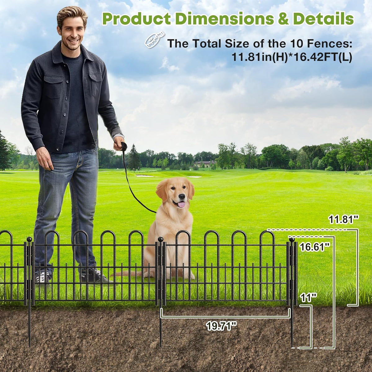 10 Panels Decorative Garden Fence with U-Shape, 11.81in (H) X 16.42ft (L) Dog Fence Outdoor for