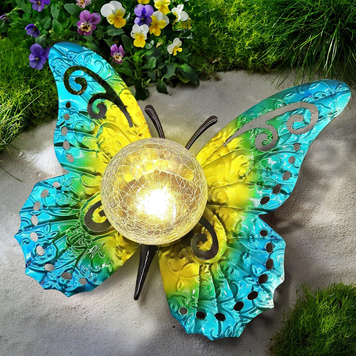 Solar Lights Outdoor Garden Butterfly Decor, Metal Butterfly Statue Decoration with LED Crackle