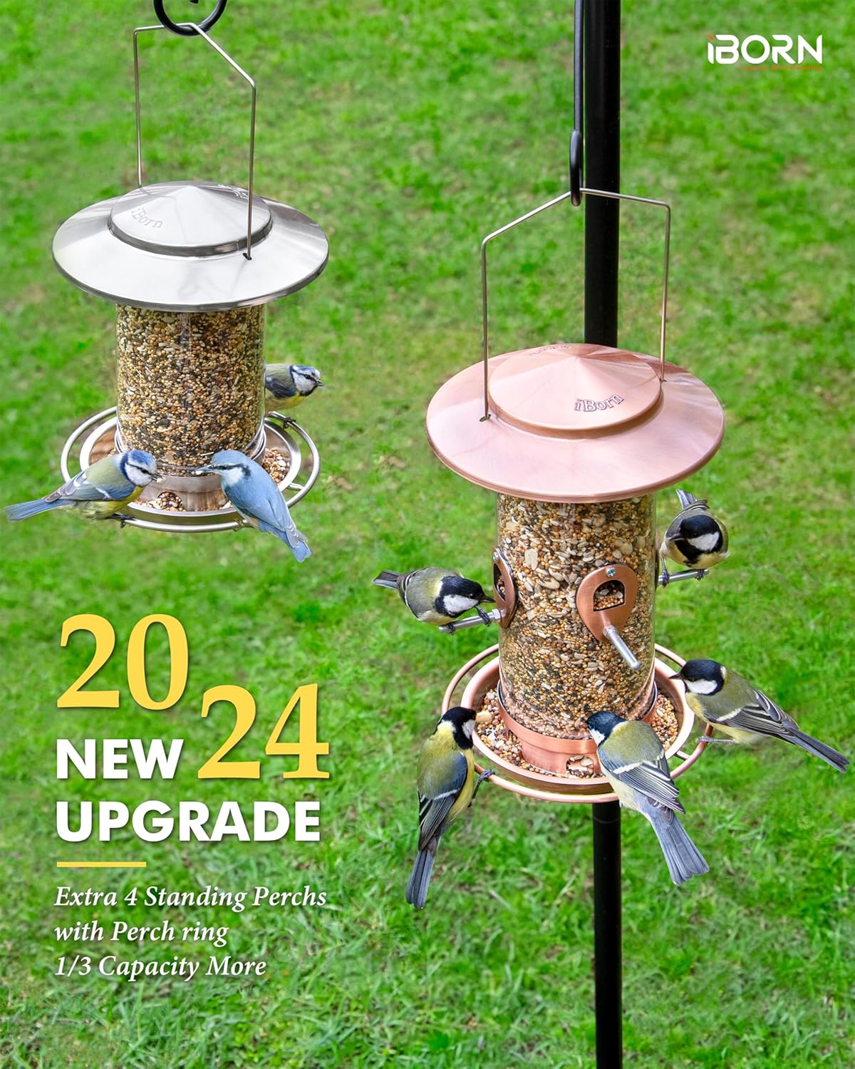 iBorn Metal Bird Feeder for Outside Hanging,Wild Bird Feeders for Cardinal,18cm Large Roof&Tray