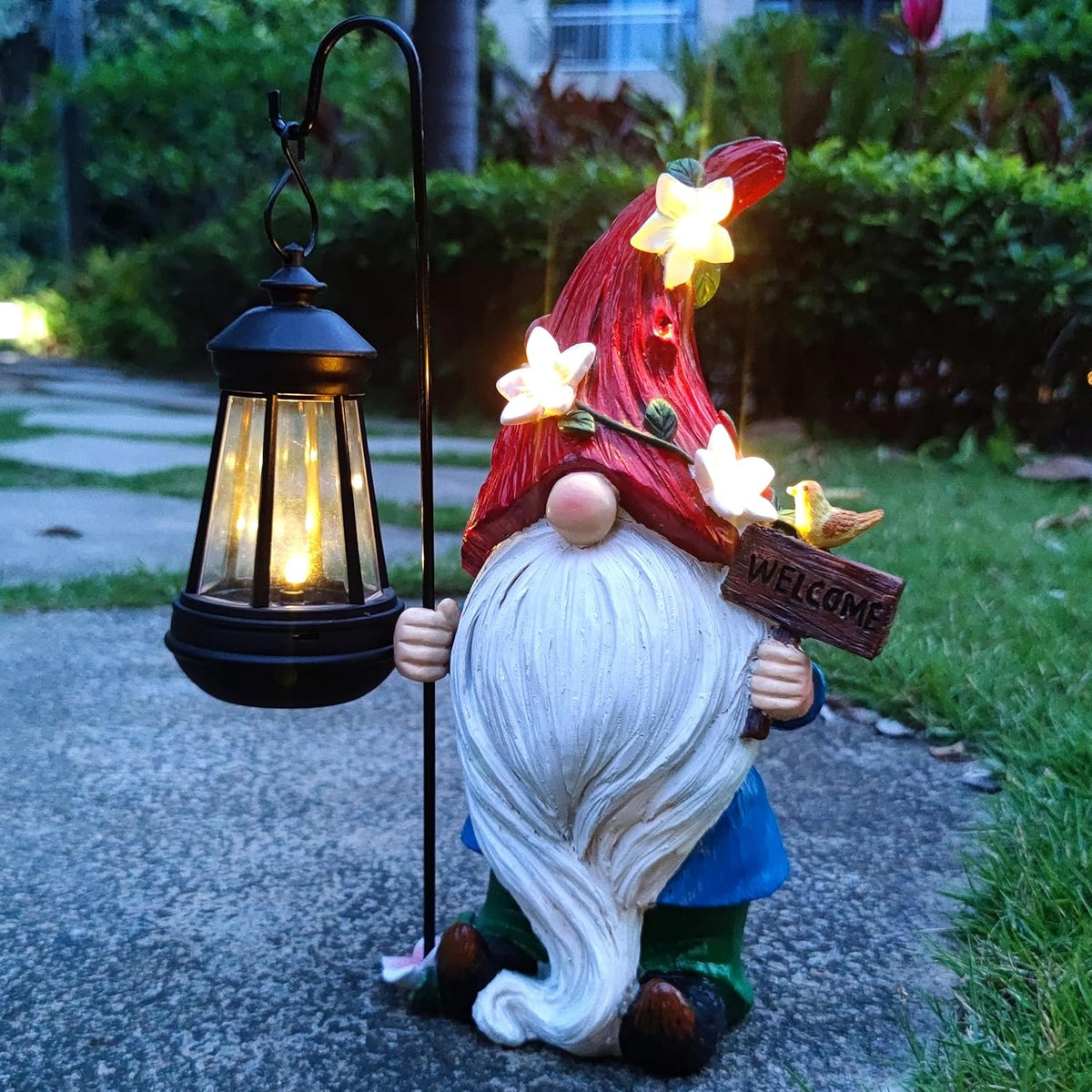 Solar Garden Gnomes Statue with Succulent and 4 LED Lights - Solar Lantern Gnomes Decorations for