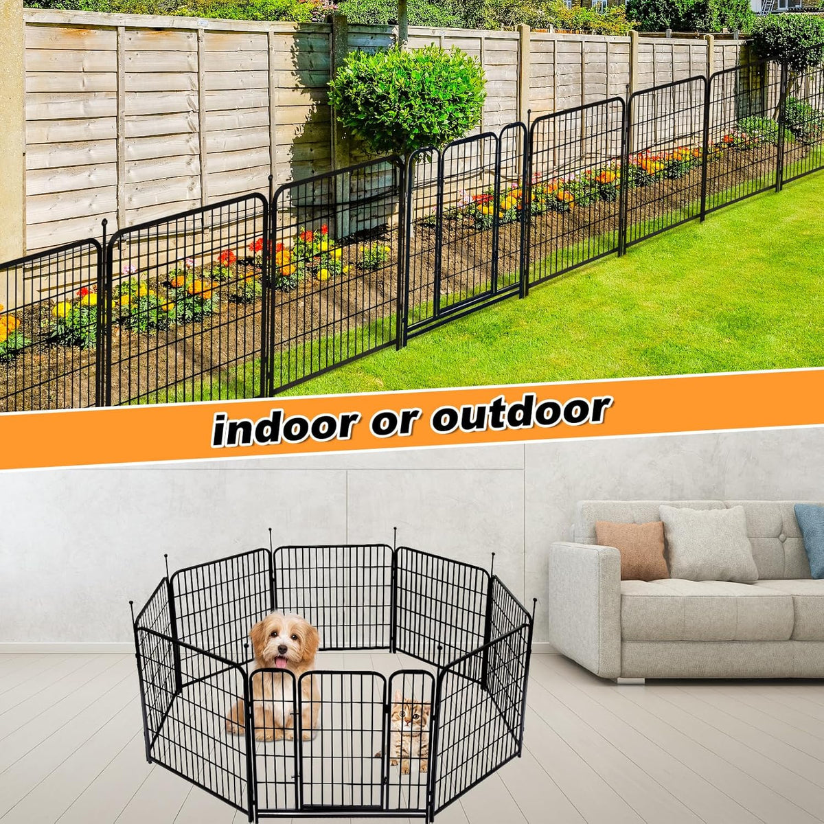 36 in(H) Garden Fence With Gate, Wide Gate Low Threshold, 8 Panels Total 17.7 ft(L) Heavy Duty Iron