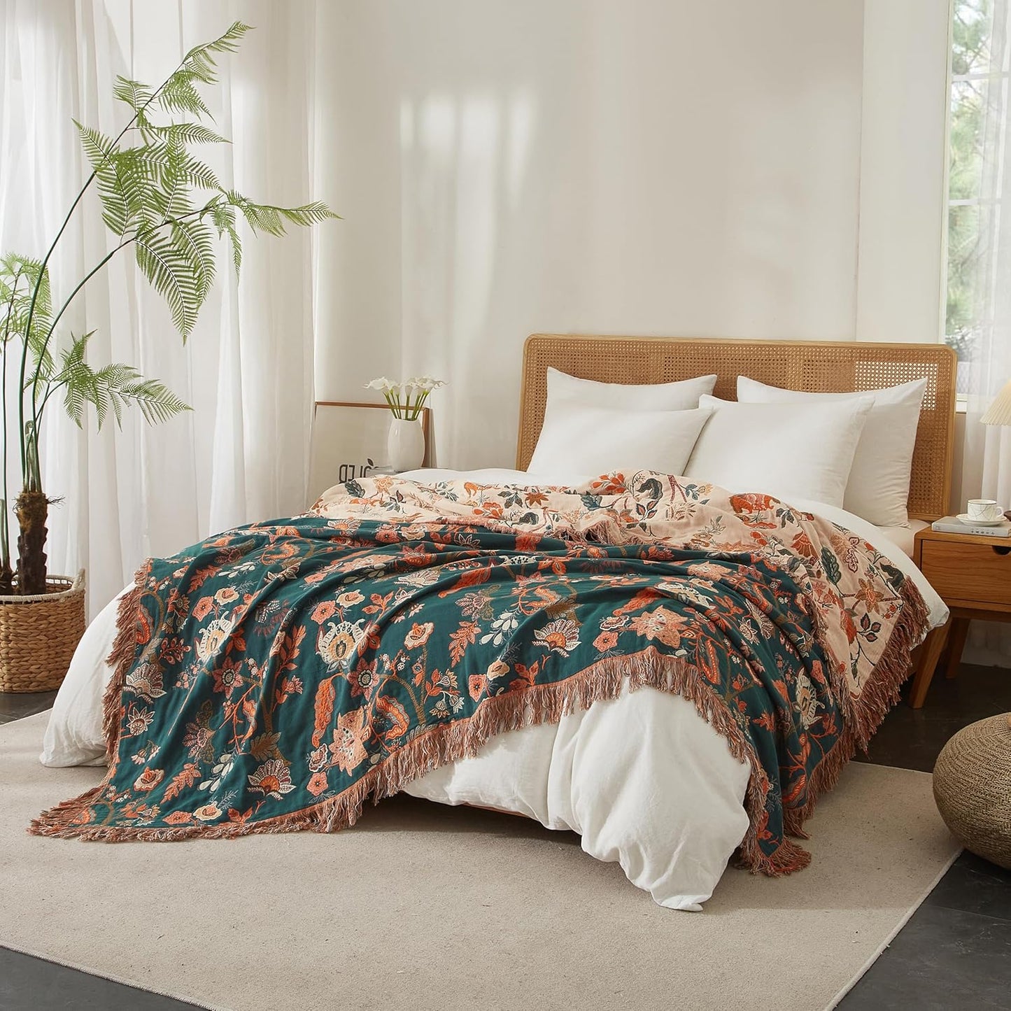 Boho Throw Blanket for Bed 90”x98”, 100% Cotton Woven Blanket for Couch Sofa, Ultra Soft 4-Layer