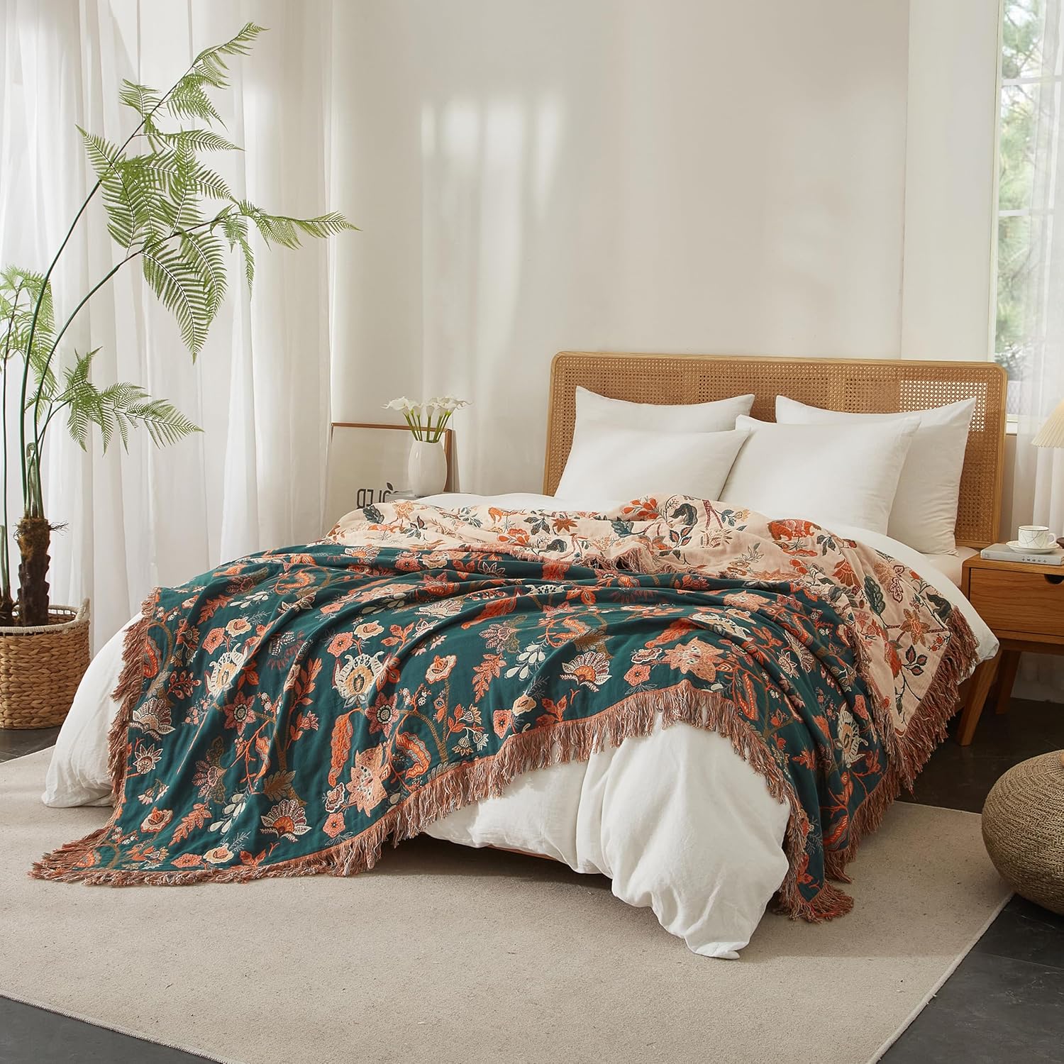 Boho Throw Blanket for Bed 90”x98”, 100% Cotton Woven Blanket for Couch Sofa, Ultra Soft 4-Layer