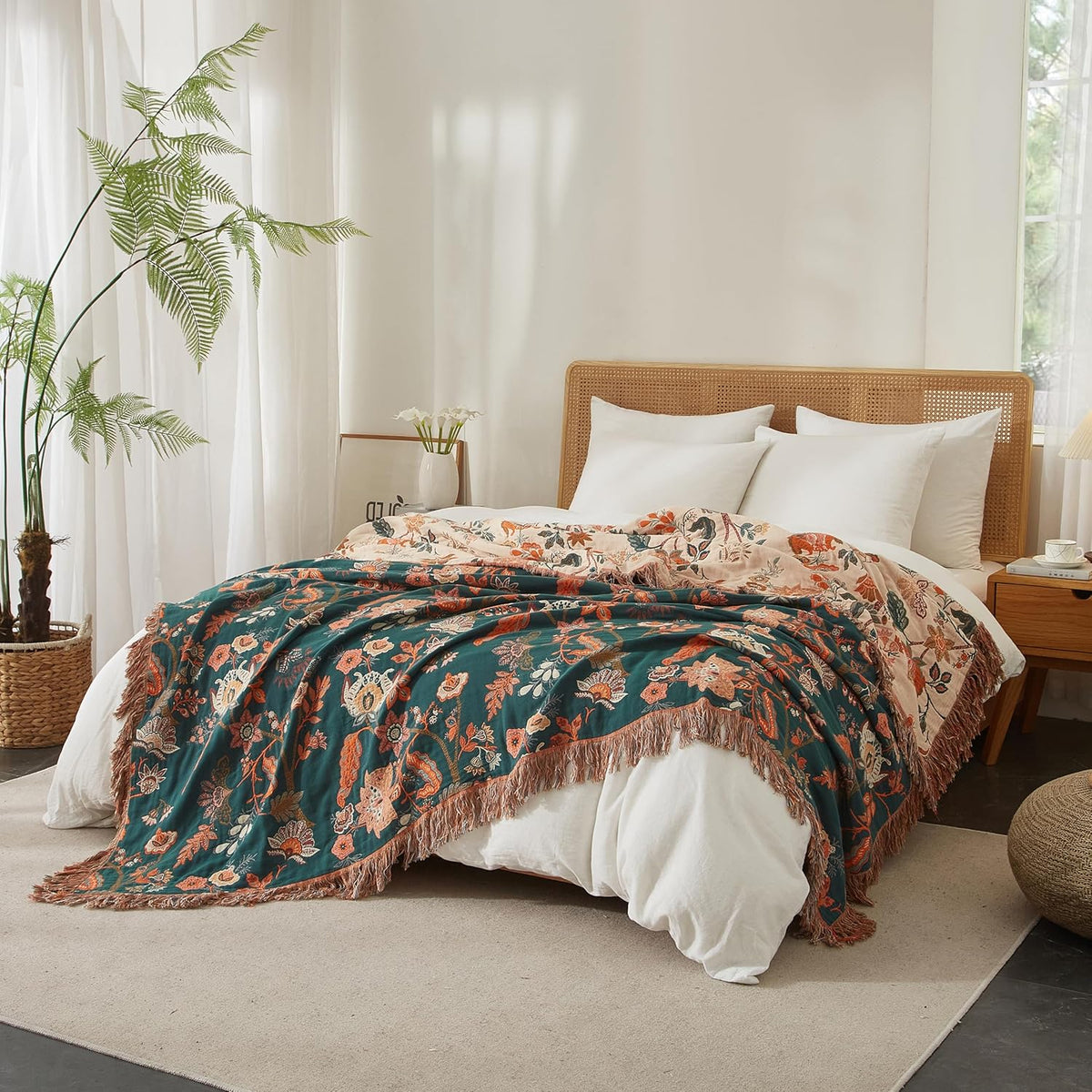 Boho Throw Blanket for Bed 80”x90”, 100% Cotton Woven Blanket for Couch Sofa, Ultra Soft 4-Layer