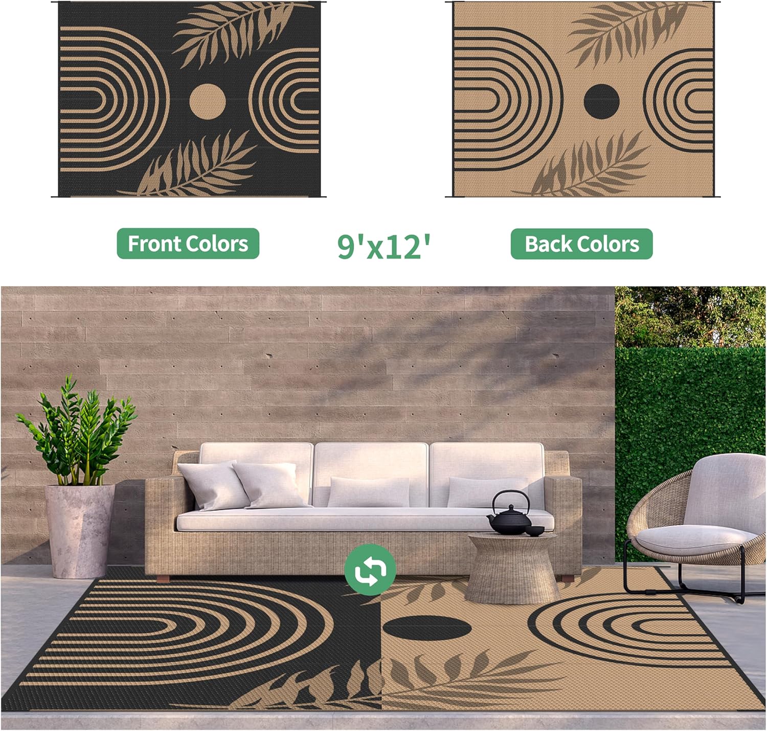 GENIMO Outdoor Rug 9' x 12' Waterproof for Patio Clearance, Reversible Lightweight Plastic Straw