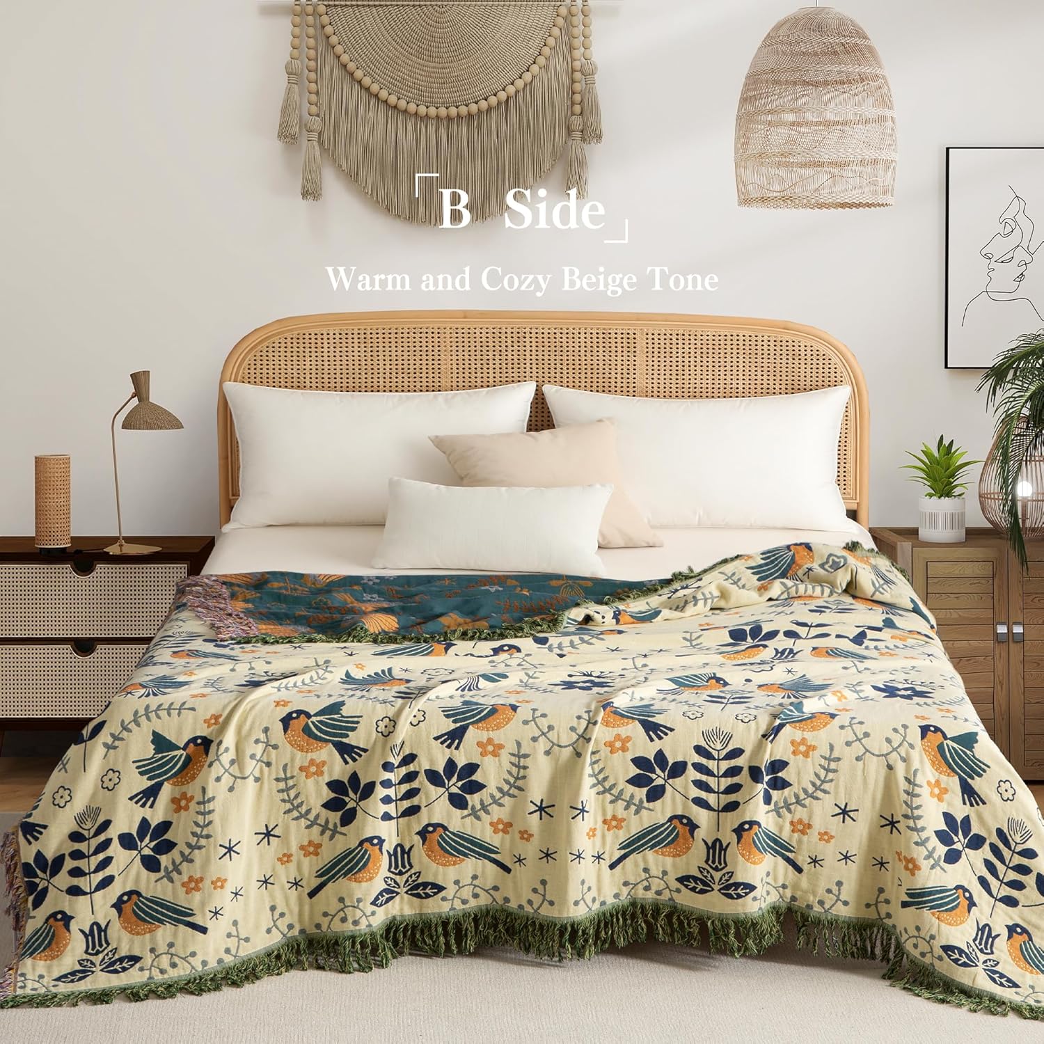 Boho Throw Blanket Twin Size, Soft Cozy Cotton Muslin Quilt Blanket for Bed Decor, Bird Patterned