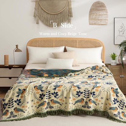Boho Throw Blanket Twin Size, Soft Cozy Cotton Muslin Quilt Blanket for Bed Decor, Bird Patterned