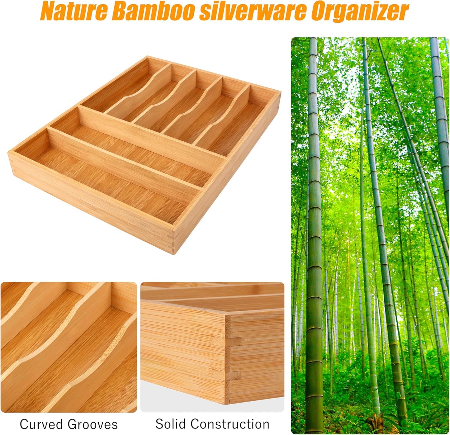 Bellsal Bamboo Silverware Drawer Organizer, Kitchen Utensil Drawer Organizers, 12"x15.7" Utensils