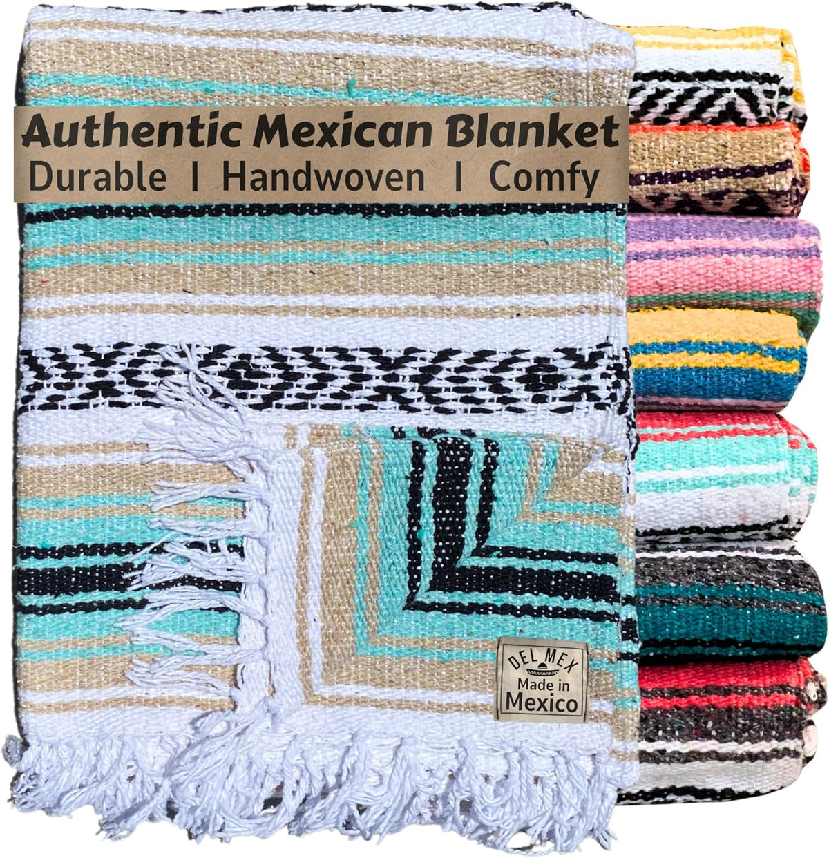 Del Mex Classic Mexican Blanket, Large Authentic Woven Falsa Throw (70"x50"), Artisan Southwest