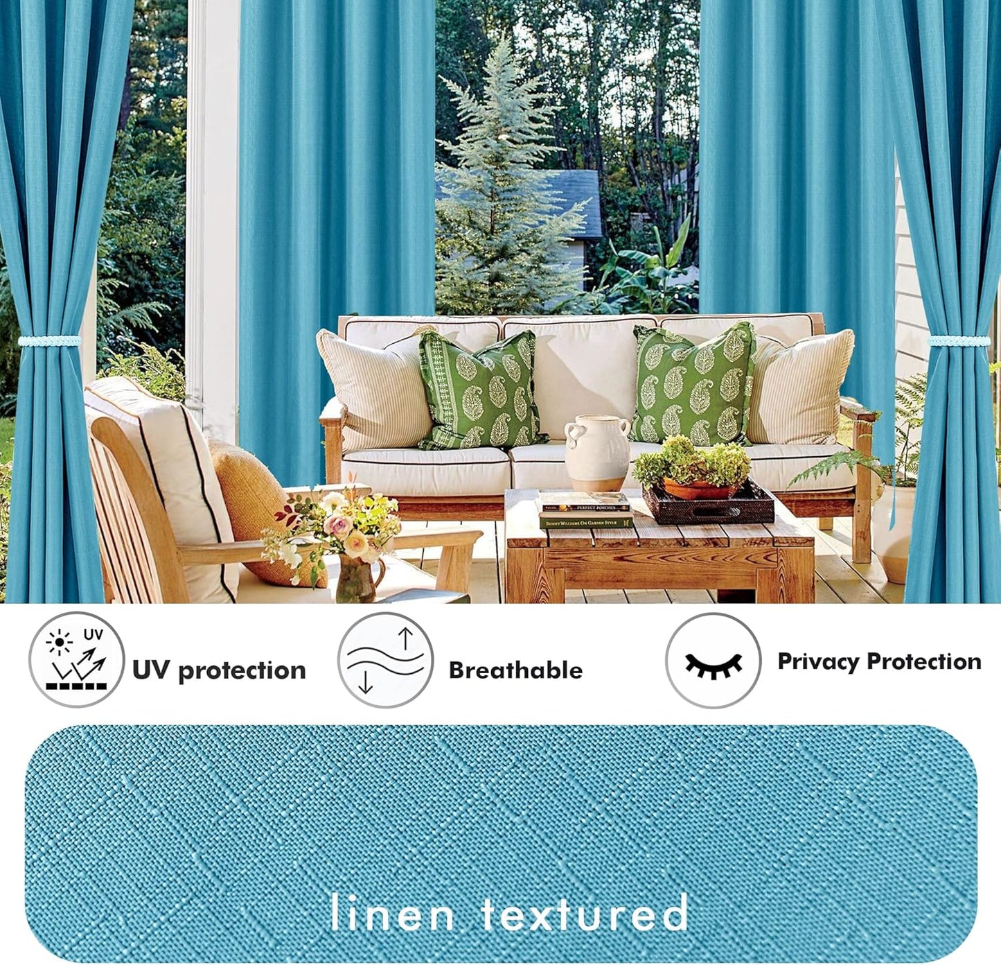 HolidayIdeas 4 Panels Linen Outdoor Curtains for Patio Waterproof-Teal Outside Curtains 54"x