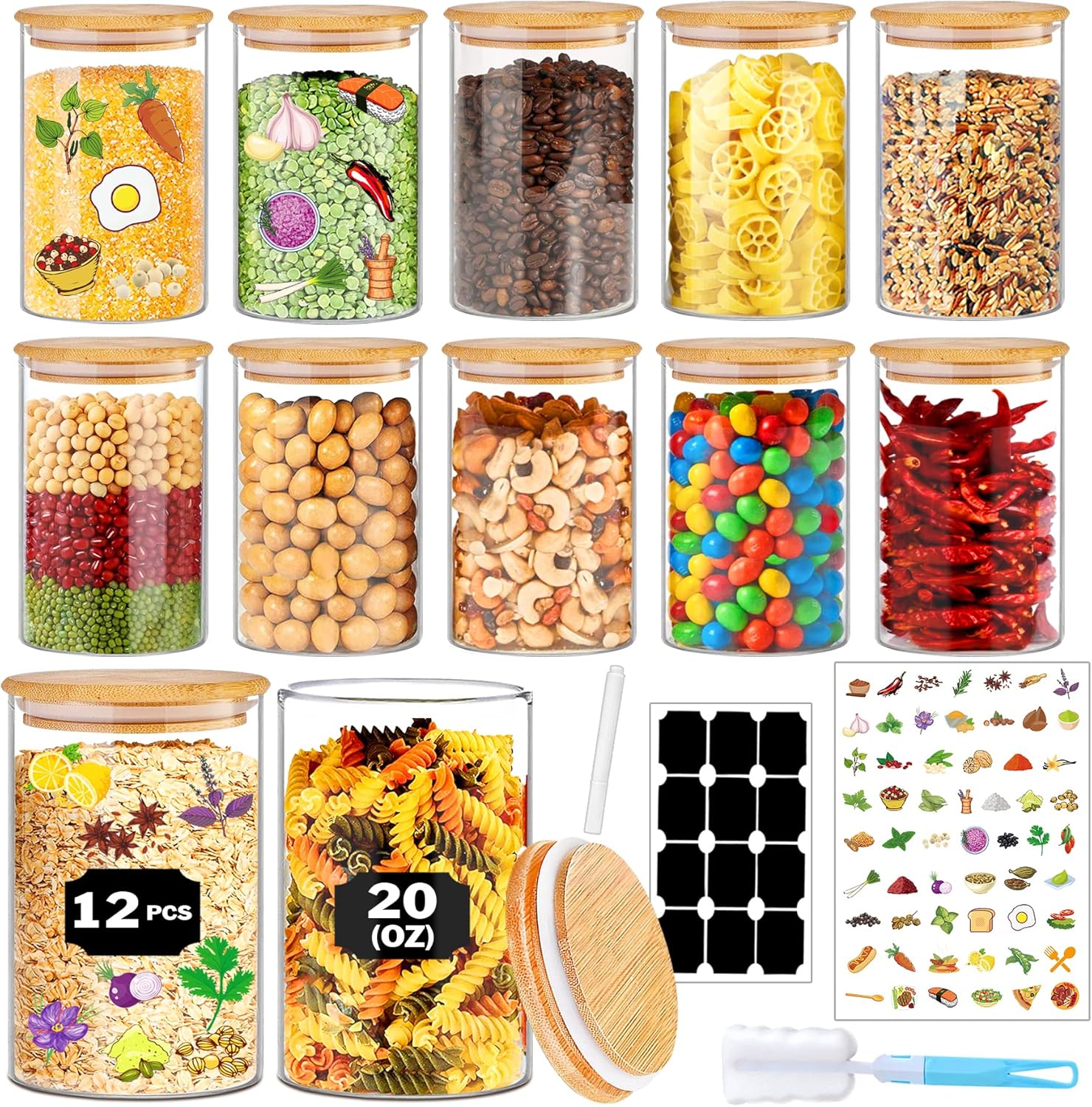 Glass Jars with Bamboo Lids 20 oz, 12 Pcs Stackable Kitchen Glass Pantry Storage Containers with