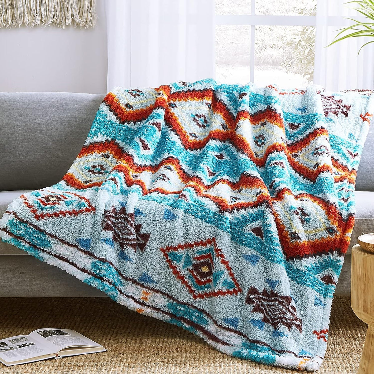 CASAAGUSTO Boho Sherpa Throw Blanket, Aztec Throw, Ultra Soft, Warm, Cozy, Plush, Thick Fleece
