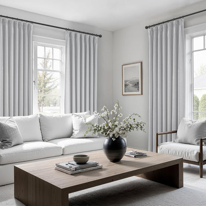 Light Grey Black Out Curtains 96 Inch Long for Living Room, Pinch Pleated Flax Linen Modern