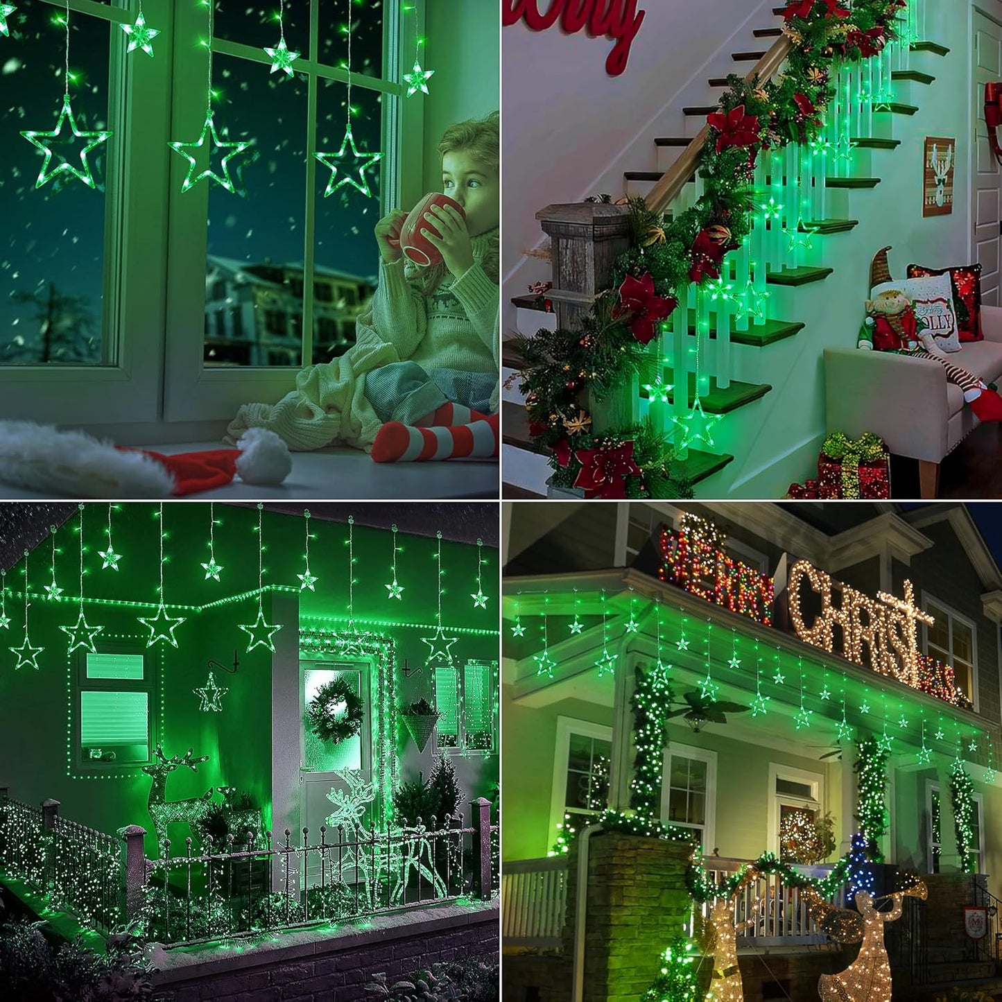 Green Star Icicle Lights,126LED 8.2FT Christmas String Lights with 8 Modes Waterproof,Clear Wire