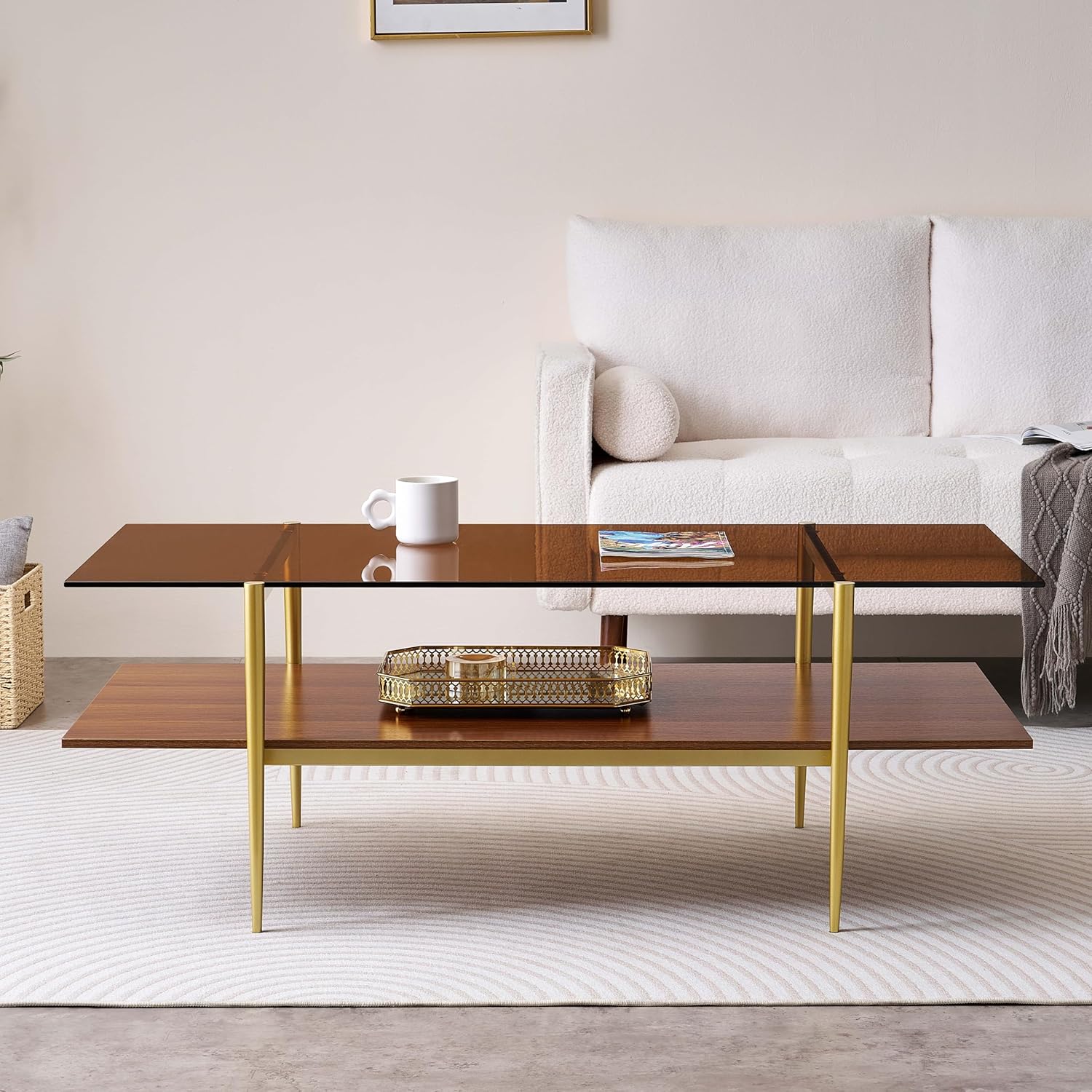 Extra Large Rectangle Glass Coffee Table, Mid-Century Modern Design for Living Room, L47 x W24 x