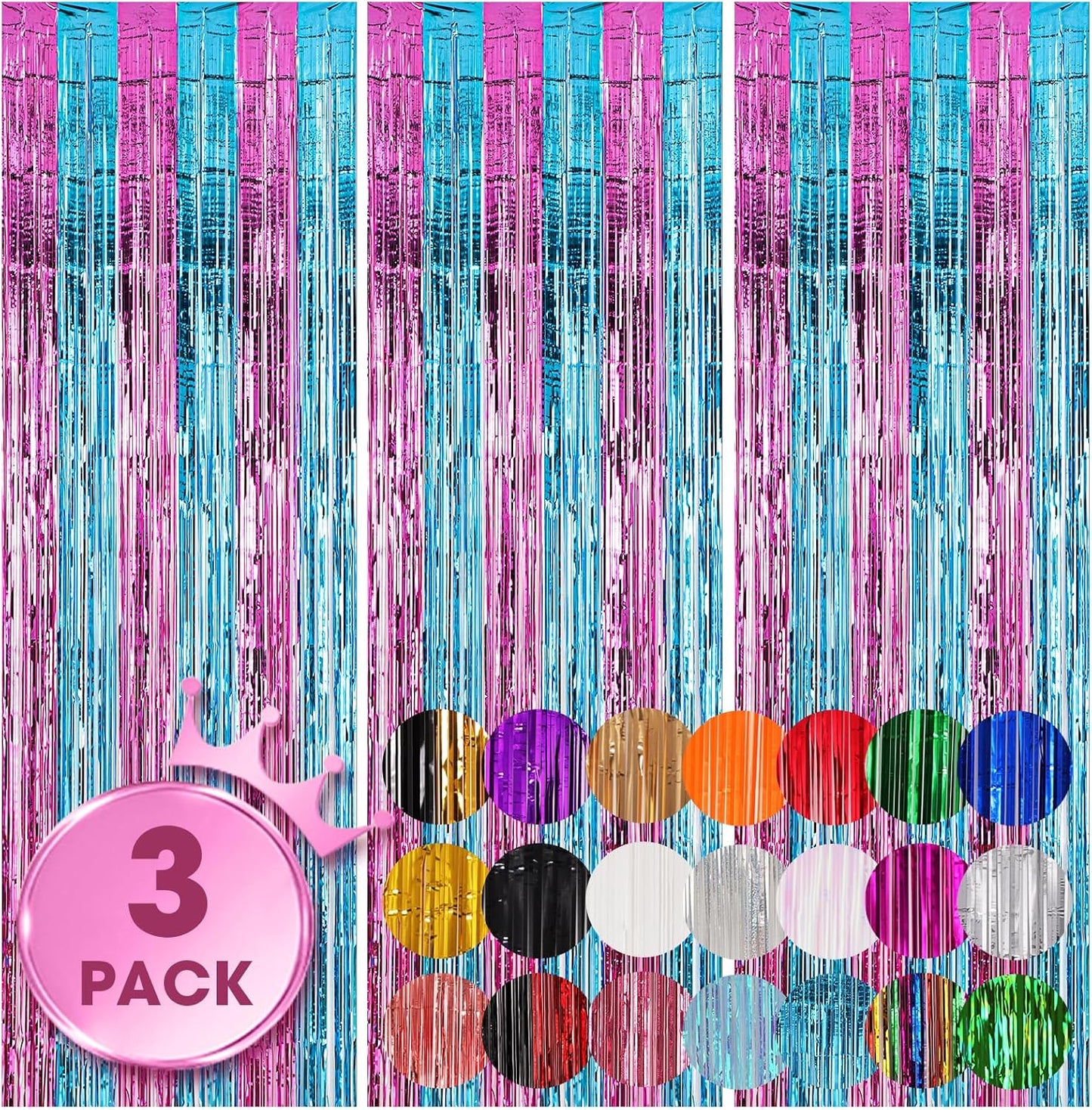 3 Pack 3.3x8.2 Feet Blue and Pink Foil Fringe Backdrop Curtains, Tinsel Streamers Birthday Party
