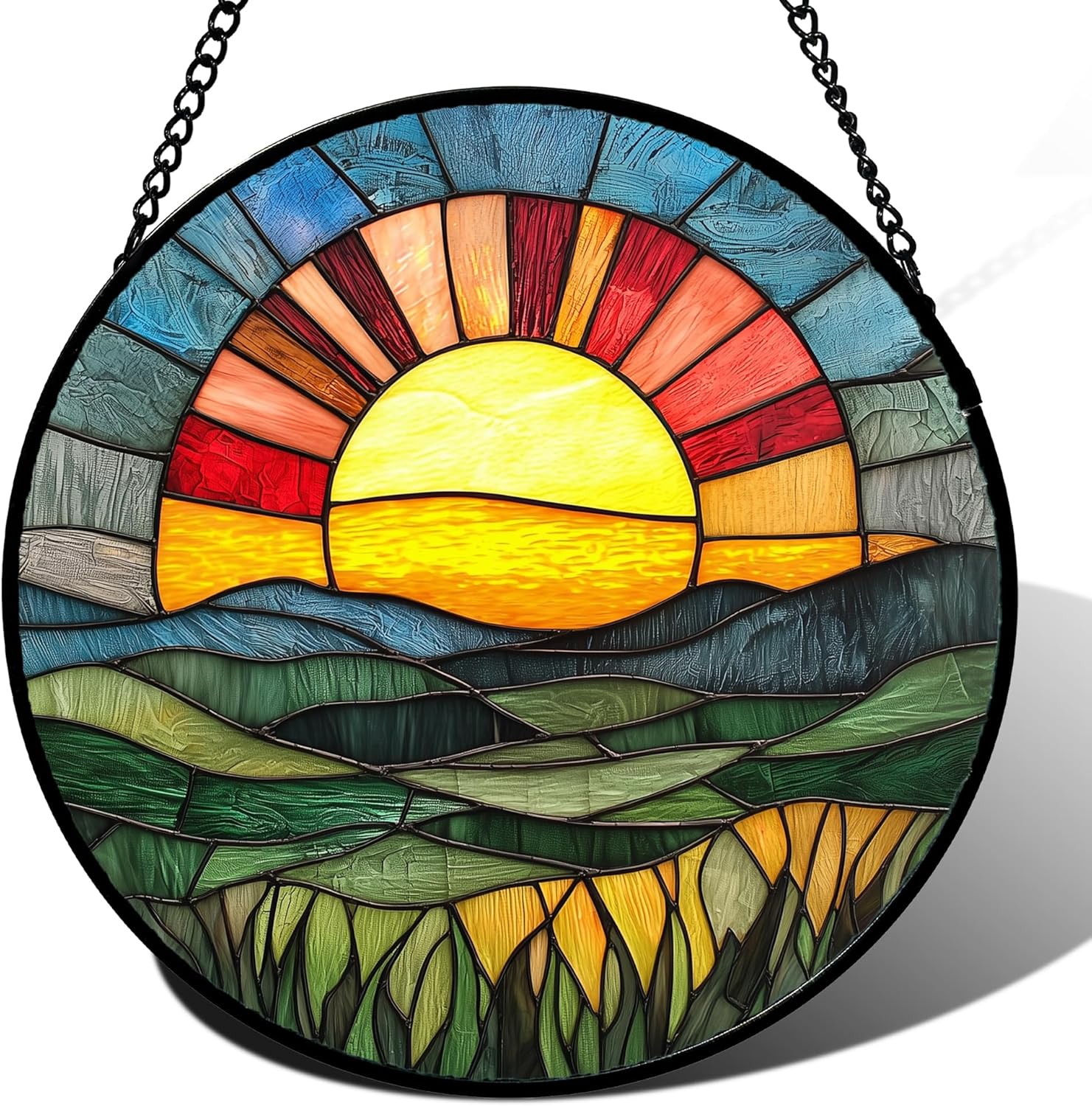 Stained Glass Window Hanging, Golden Red Sun Green Mountain Suncatcher for Window Home Decor Nature